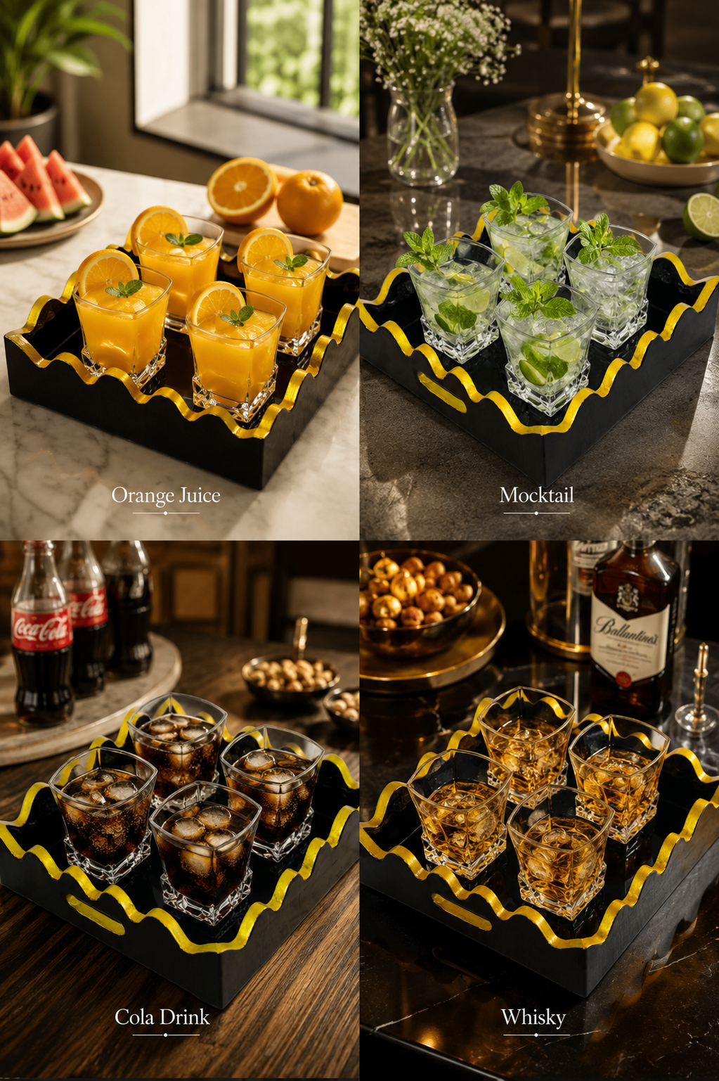 Premium Square Crystal Glass Set with Decorative MDF Serving Tray | 4 Heavy Base Drinking Glasses with Luxury Black & Gold Tray | Whisky, Juice, Water, Cocktails & Gift Set for Home Bar