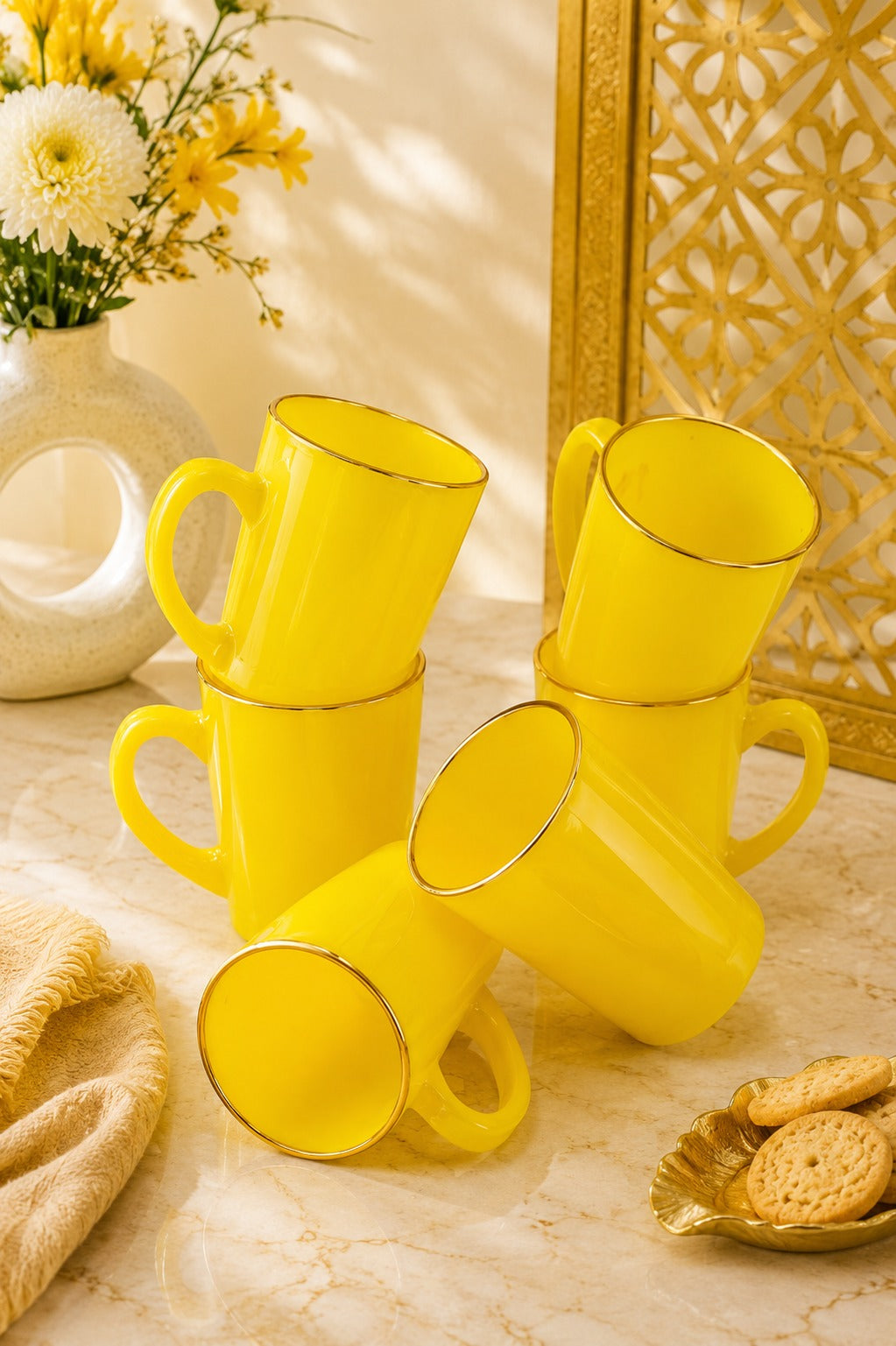 Premium 6 Yellow Glass Mug Set with Designer Serving Tray | Tea & Coffee Mug Set | Decorative Drinkware Set for Home, Office & Gifting