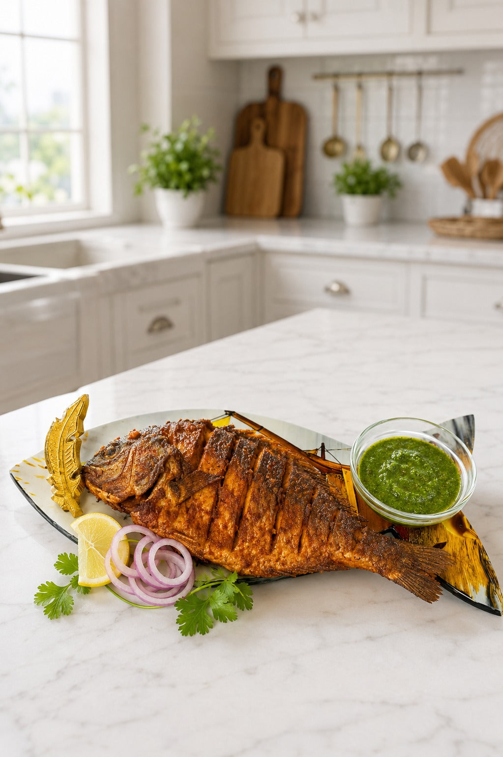 Premium Fish Shape MDF Serving Platter with Glass Dip Bowl & Gold Leaf Handle | Decorative Multipurpose Snack Serving Tray | Designer Fish Serving Board for Appetizers, Seafood & Gifting