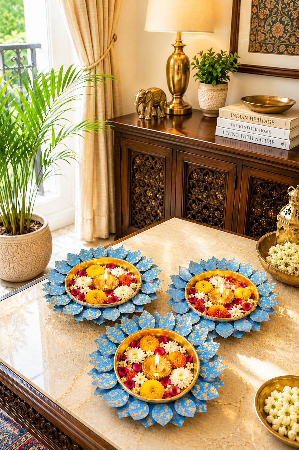 Decorative Lotus Metal Urli Bowl Set for Floating Flowers & Candles | Designer Festival & Entrance Decor (Set of 3, Blue & Gold)