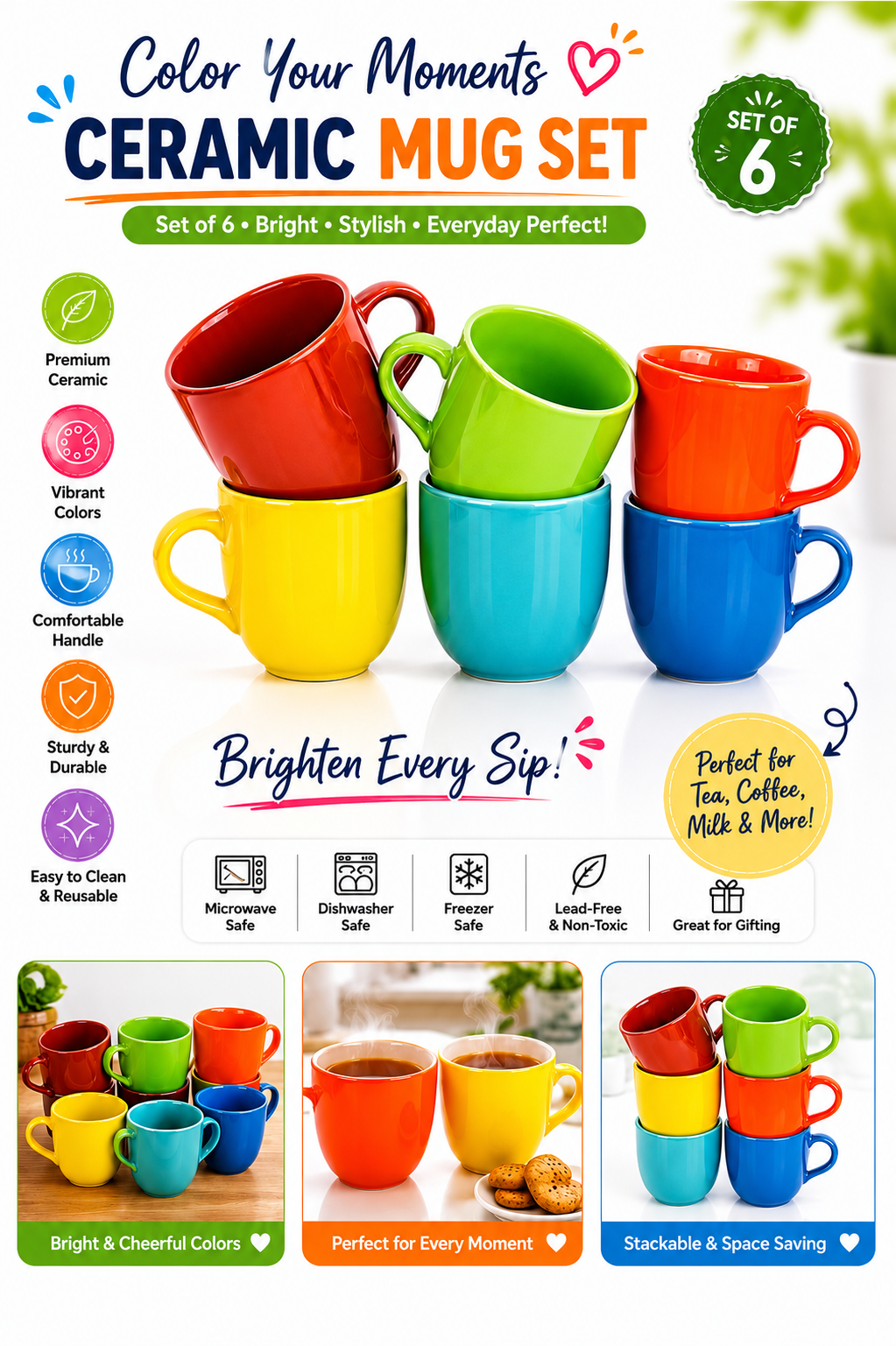 6 Colorful Ceramic Coffee Mug Set with Metal Mug Tree Stand | Space Saving Cup Holder Rack | Tea & Coffee Cups with Durable Metal Stand | Modern Kitchen Counter Organizer | Gift Set for Home & Office