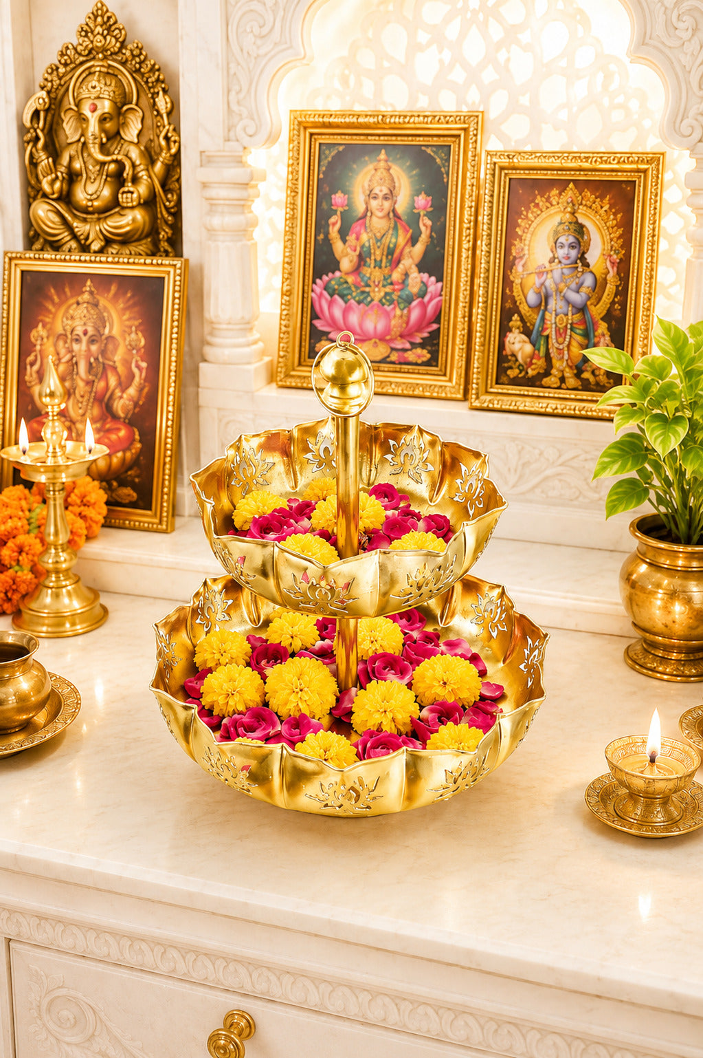 Premium Dual Layer Metal Urli Bowl | 2-Tier Decorative Floating Flower Urli for Water, Candles & Tea Lights | Traditional Pooja Urli for Diwali, Wedding, Home & Festive Decoration