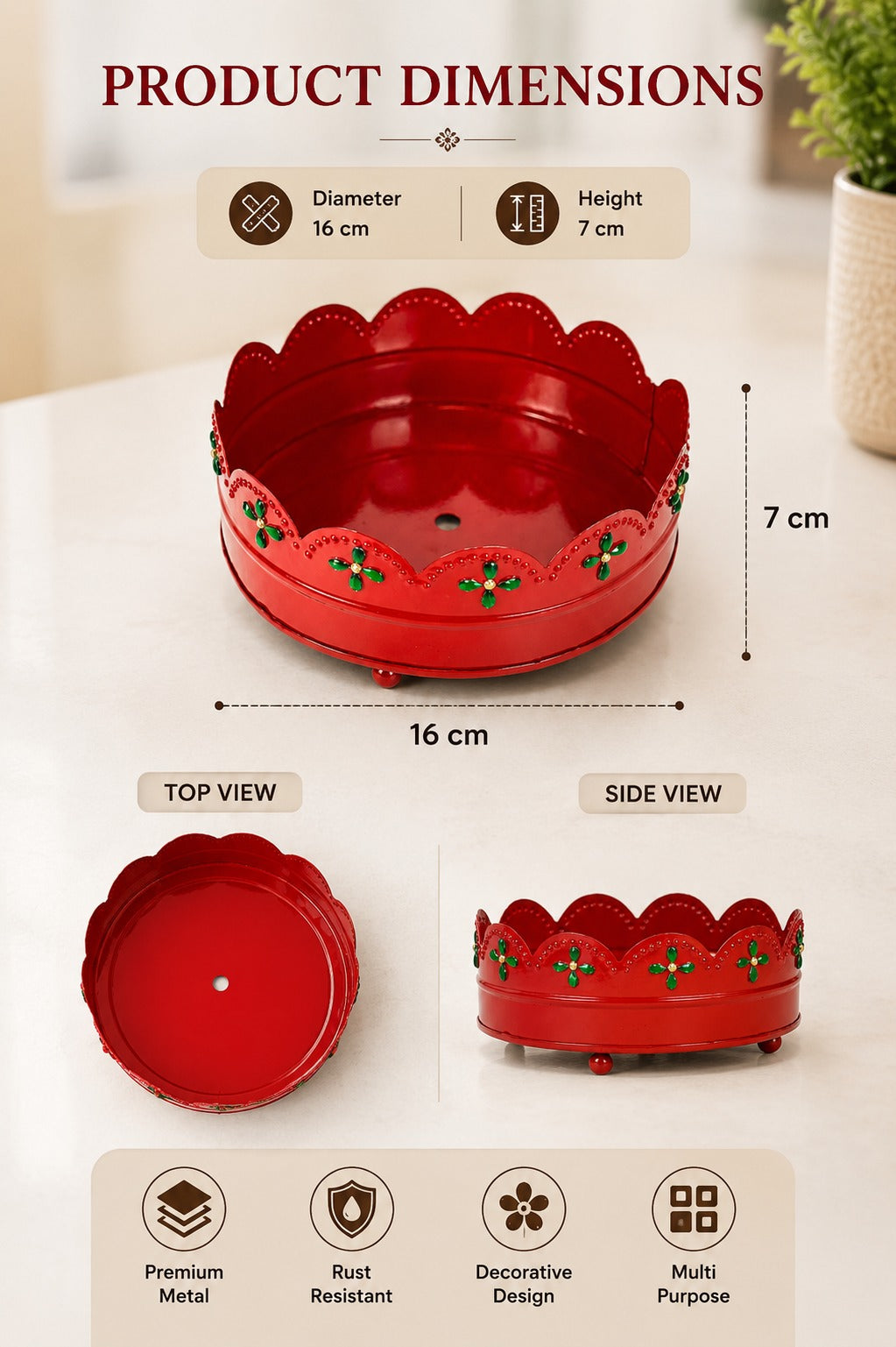 Premium Decorative Metal Gift Tray (Red) | Round Red Multipurpose Hamper Basket | Floral Cutwork Serving Tray | Fruit, Dry Fruit, Gift Packing & Home Decor Tray | 16 cm
