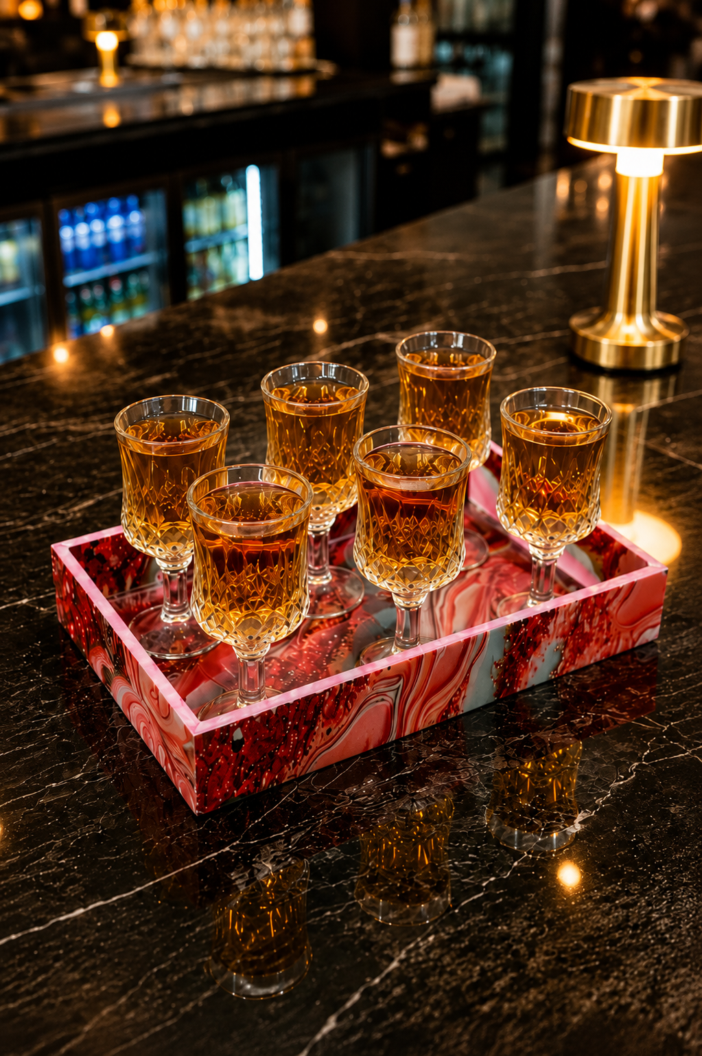 Premium Shot Glass Set Of 6 With MDF Resin Tray | Clear Designer Liqueur Glasses For Vodka, Whiskey, Tequila & Cocktails | Barware Set For Home & Parties