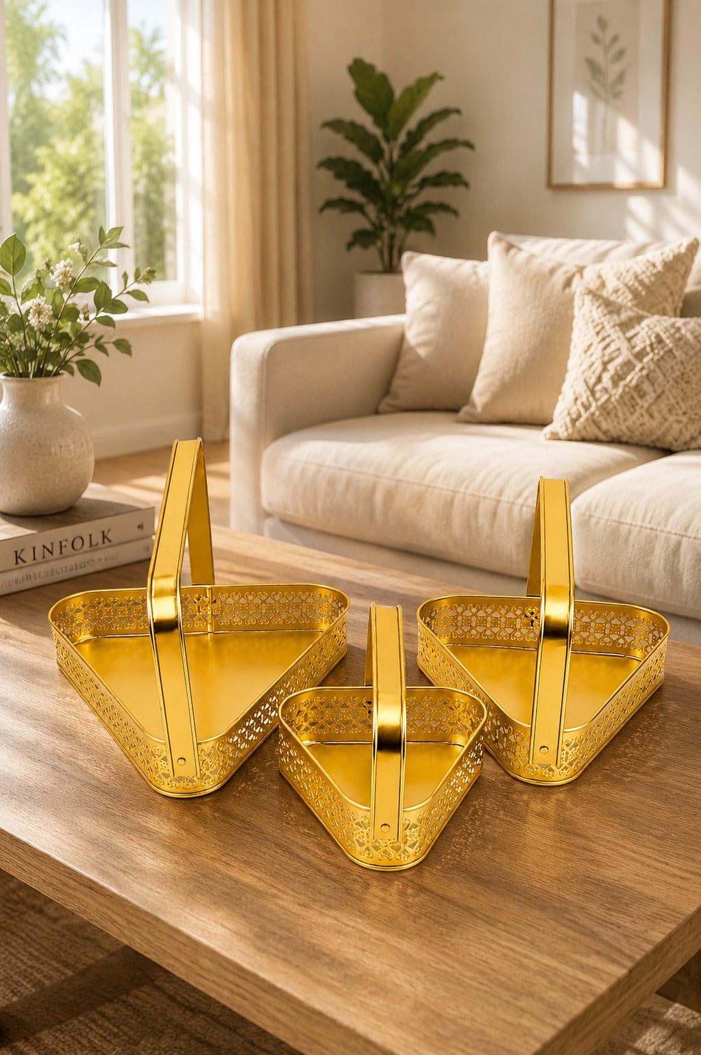 Premium Triangle Metal Basket Set of 3 (Small, Medium & Large) | Gold Metal Gift Hamper Baskets with Handle | Decorative Serving & Organizer Basket Set | Fruit, Dry Fruit & Storage Tray