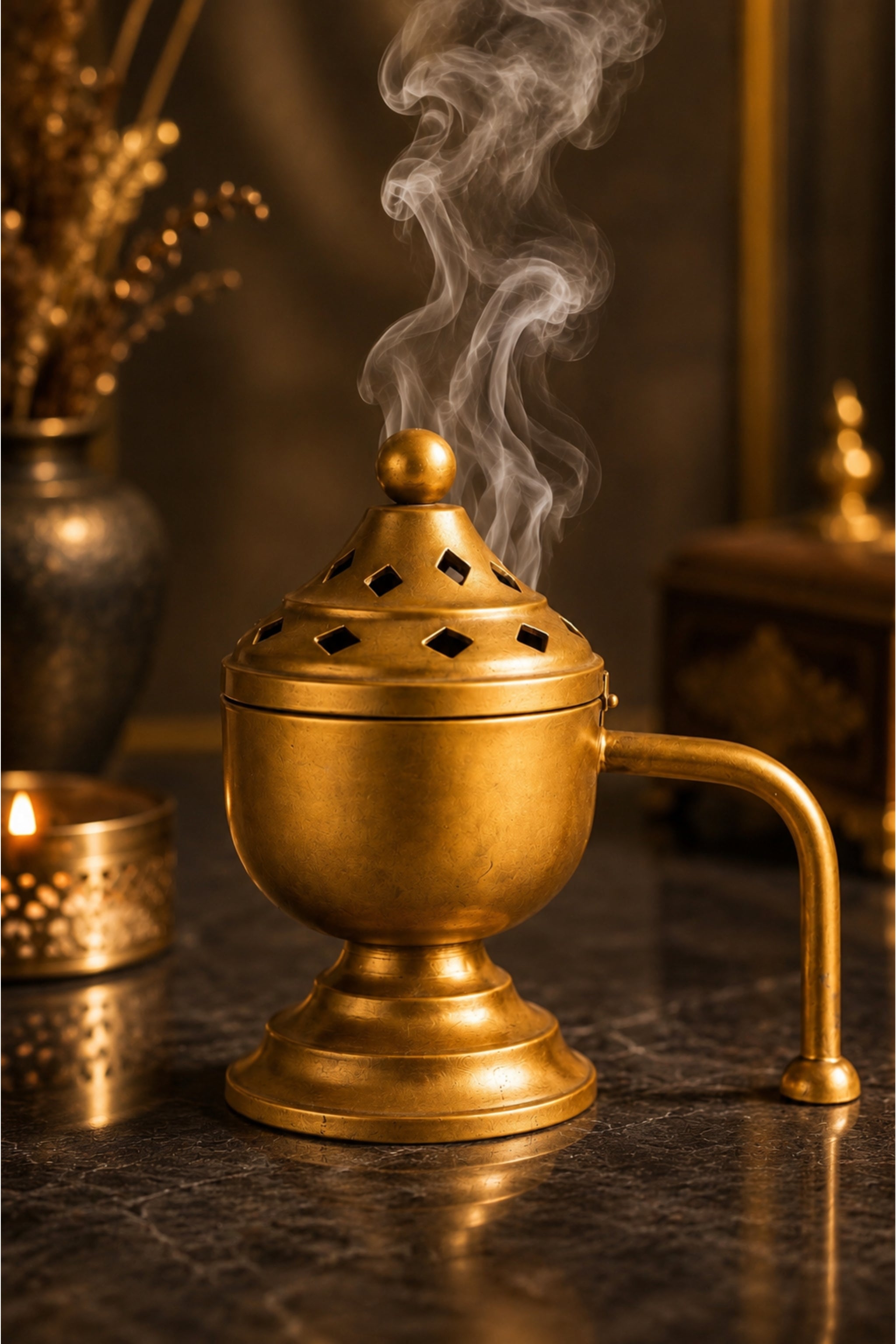 Brass Finish Metal Dhoop Dani with Wooden Handle & Lid for Pooja, Loban & Sambrani Burning | Covered Incense Burner for Home Temple, Havan, Vastu & Premium Festive Gift Item