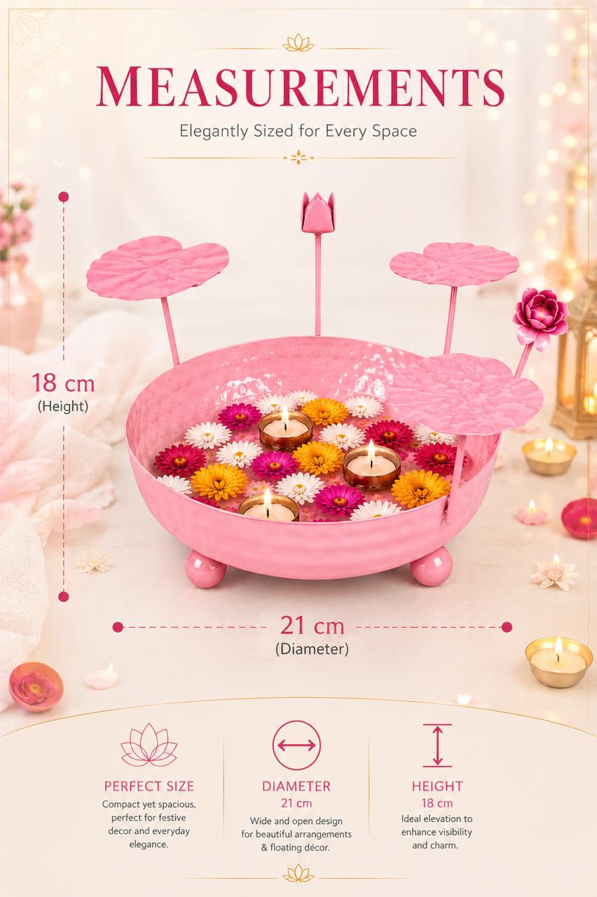 Galvanized Metal Urli Bowl for Floating Flowers & Candles | Decorative Urli with Lotus Stems for Home & Festival Decor (Pink)