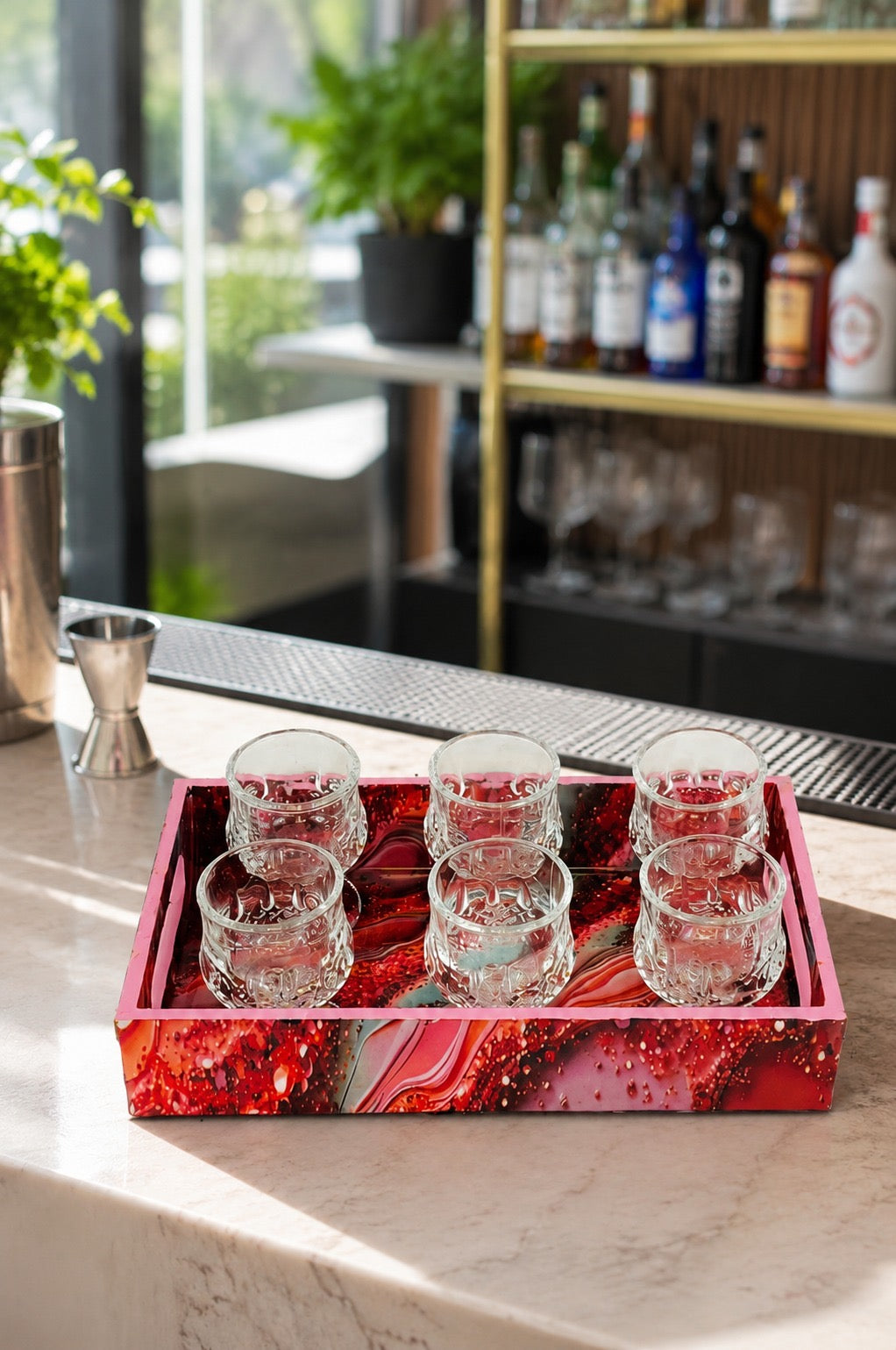 Premium Designer Shot Glass Set with Resin Serving Tray | 6 Crystal Clear Heavy Base Shot Glasses for Whiskey, Vodka, Tequila, Rum, Liqueur & Espresso Shots | Elegant Barware Gift Set for Home Bar