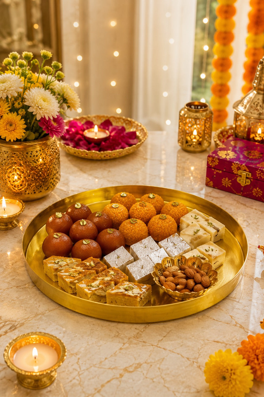 Premium Brass Metal Tray Set of 2 | Round Multipurpose Serving, Pooja & Decorative Trays | Large & Small Brass Finish Trays for Kitchen, Home Décor & Gifting