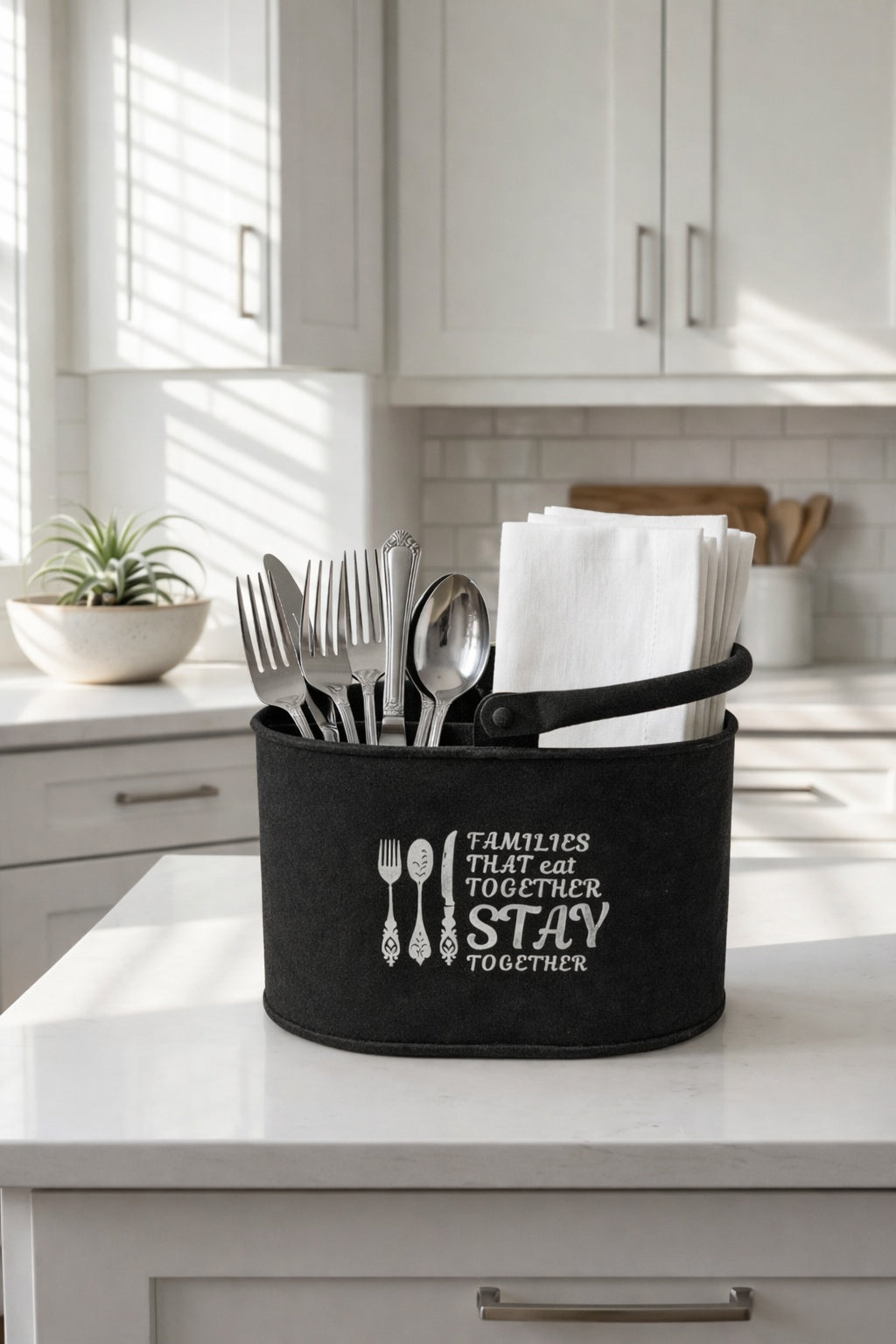 Premium Metal Cutlery Holder with Handle | 4 Compartment Utensil Caddy Basket Organizer | Portable Spoon, Fork, Knife & Napkin Stand for Kitchen, Dining Table & Home Storage