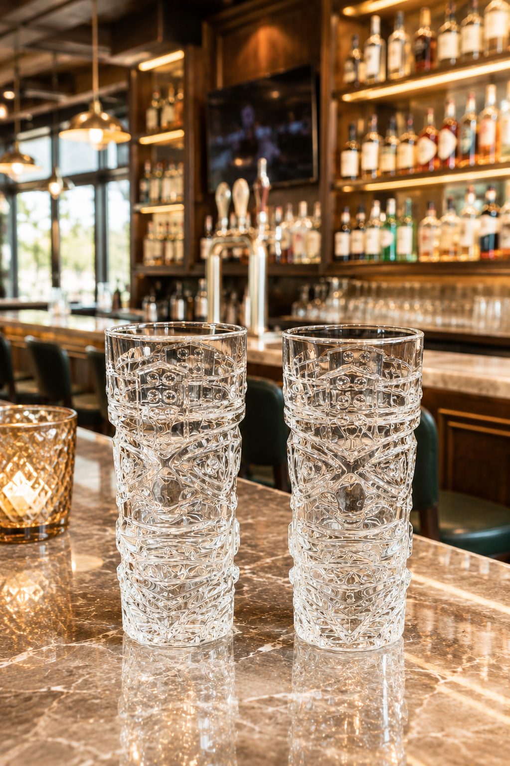 Premium Beer Glass Set with Decorative MDF Serving Tray | 2 Crystal Clear Tall Beer Glasses with Marble Finish Tray | Heavy Drinking Glasses for Beer, Juice, Soft Drinks & Home Bar Gift Set