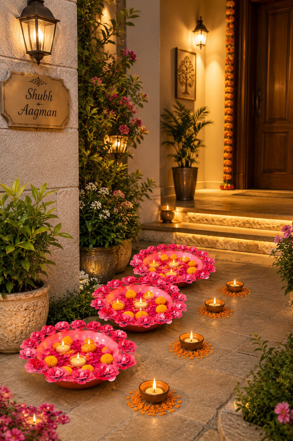 Decorative Metal Urli Bowl Set with Rose Border | Floating Flower & Candle Urli for Home & Festival Decor (Set of 3, Pink)