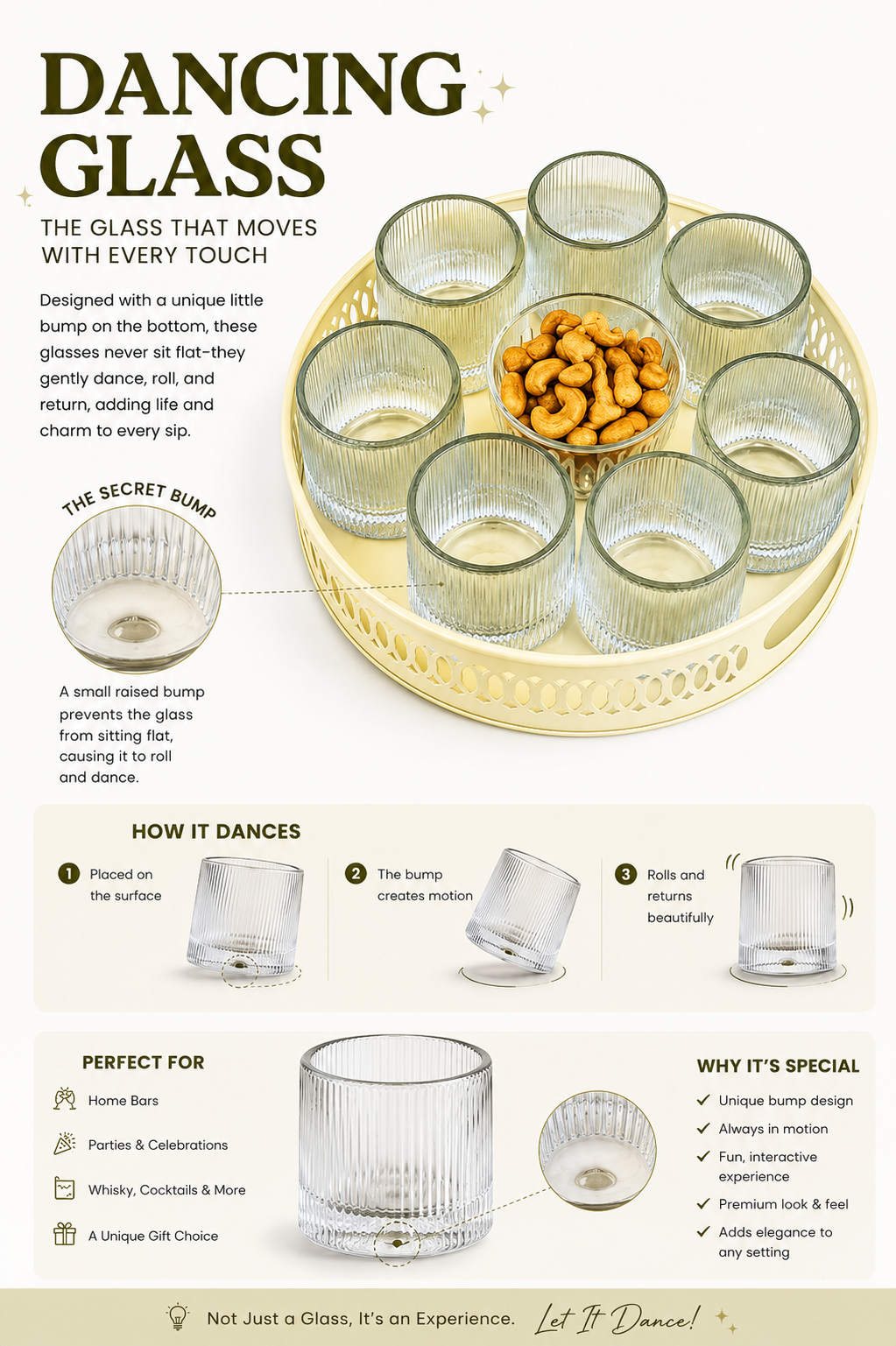 Premium Dancing Glass Serving Set with Round Metal Tray | 6 Self-Balancing Rocking Glasses & 1 Crystal Snack Bowl | Beverage Serving Set for Whisky, Cocktails, Juice, Tea & Home Entertaining