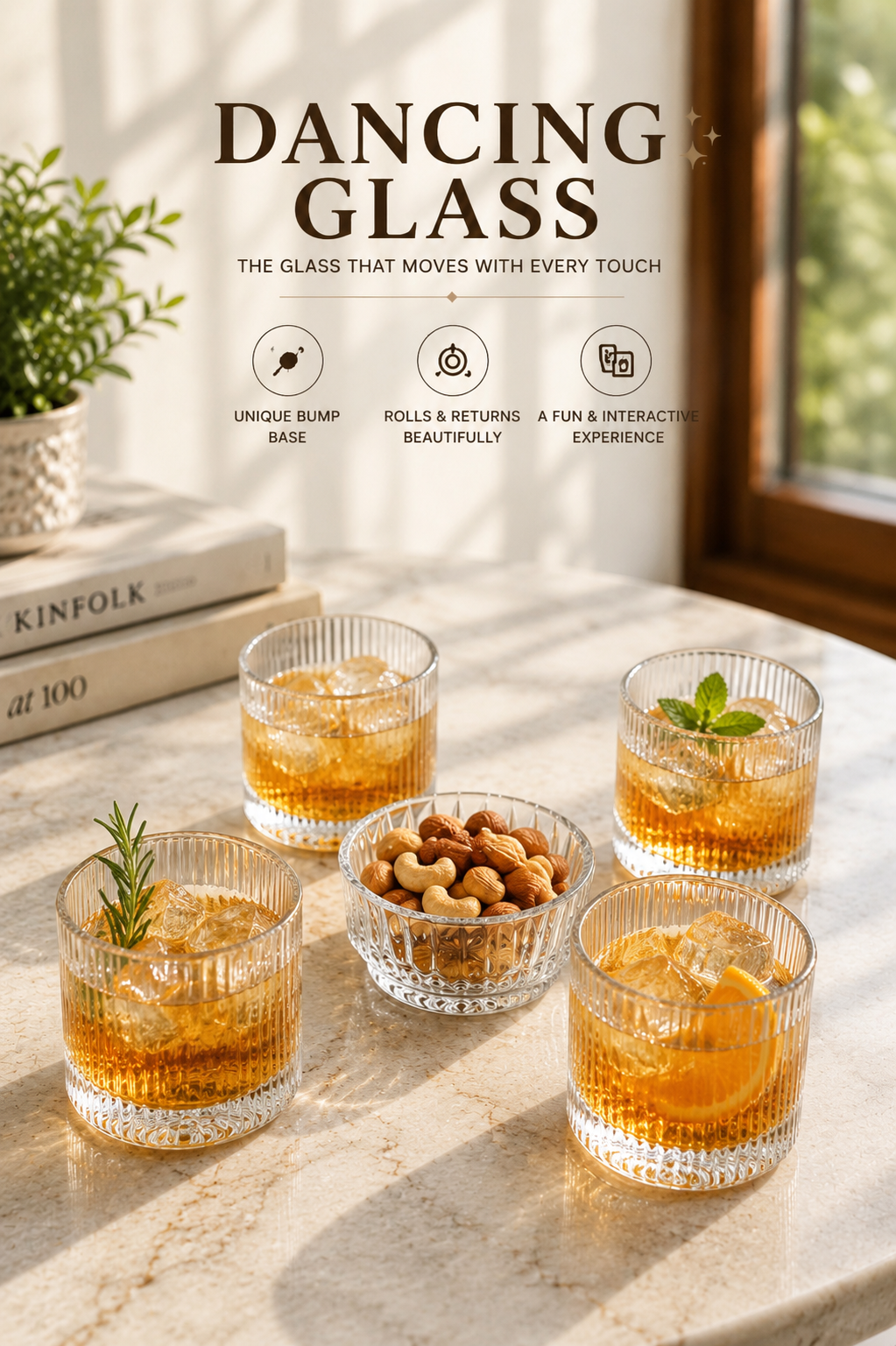 Premium Dancing Glass Serving Set with Round Metal Tray | 4 Self-Balancing Rocking Glasses & 1 Crystal Snack Bowl | Decorative Beverage Serving Set for Tea, Juice, Whisky, Cocktails & Home Décor