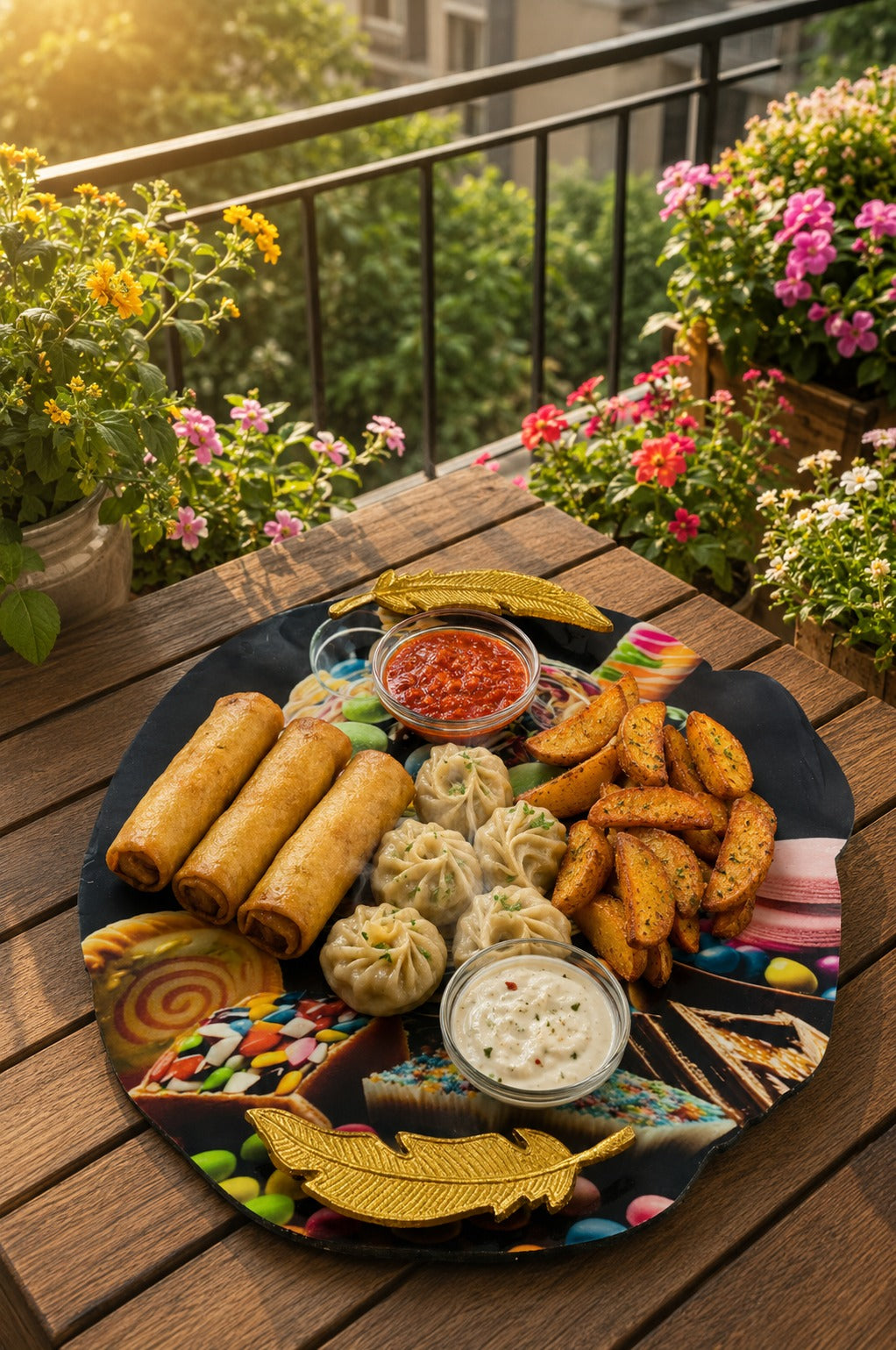 Premium MDF Snack Serving Platter with 2 Glass Dip Bowls | Decorative Serving Tray with Gold Feather Handles | Multipurpose Food Serving Board for Samosa, Momos, Fries, Nachos, Pizza & Snacks
