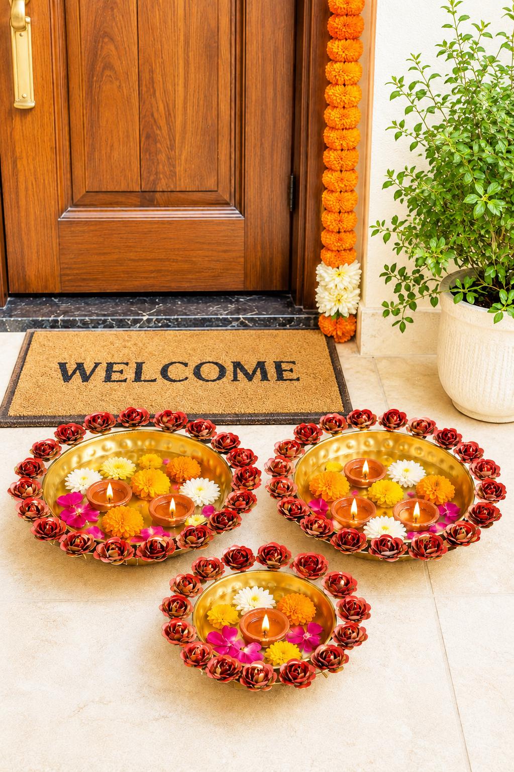 Premium Decorative Urli Bowl Set of 3 with Rose Rim Design | Hammered Metal Floating Flower Bowls for Water, Candles & Tea Lights | Diwali, Pooja, Wedding, Festival & Home Décor Centerpiece