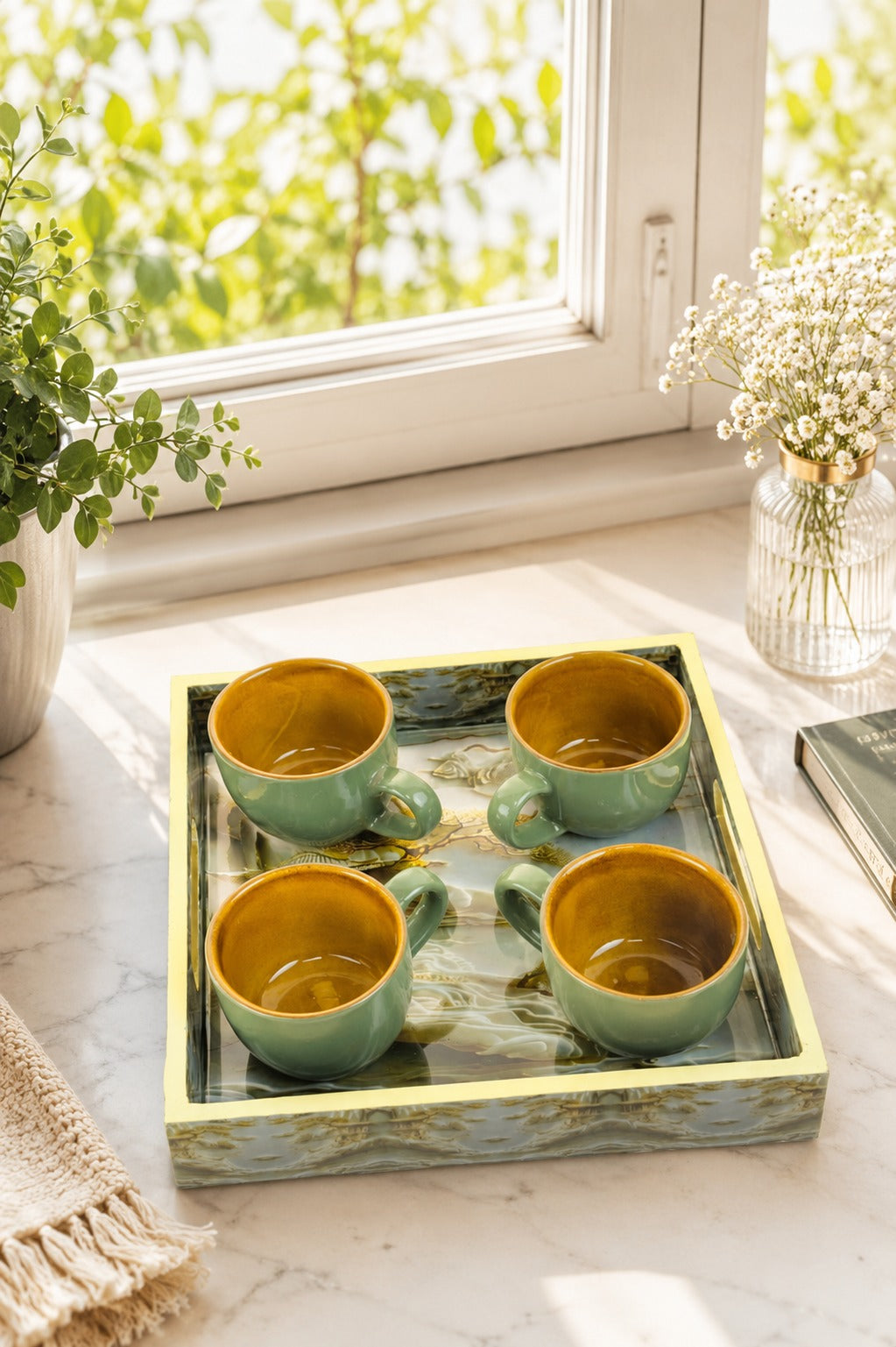 Set of 4 Ceramic Tea & Coffee Cups with Designer Serving Tray | Sage Green Coffee Mug Set | Premium Ceramic Cups for Home Kitchen & Gifting