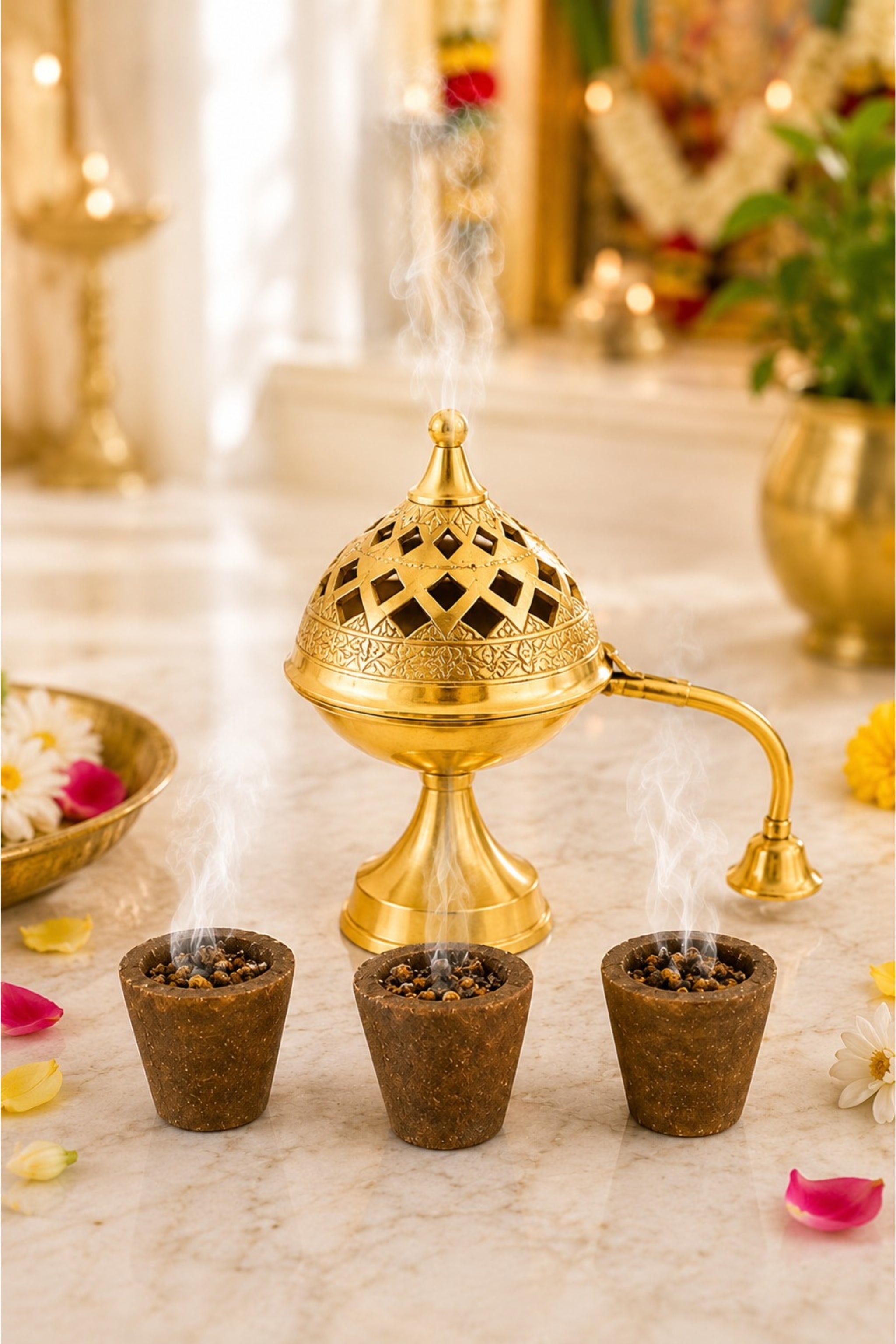 Premium Brass Loban Burner with Handle | Handcrafted Brass Dhoop Dani for Loban, Sambrani Cups, Bakhoor, Resin Incense & Dhoop | Hinged Lid Pooja Incense Burner for Home Temple, Meditation & Gifting