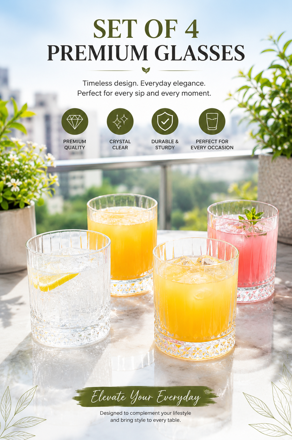 Premium Metal Serving Tray with 4 Crystal Glasses | Round Beverage Serving Set with Decorative Cutout Design & Side Handles | Tea, Juice, Water & Cocktail Glass Set for Home, Dining & Gifting