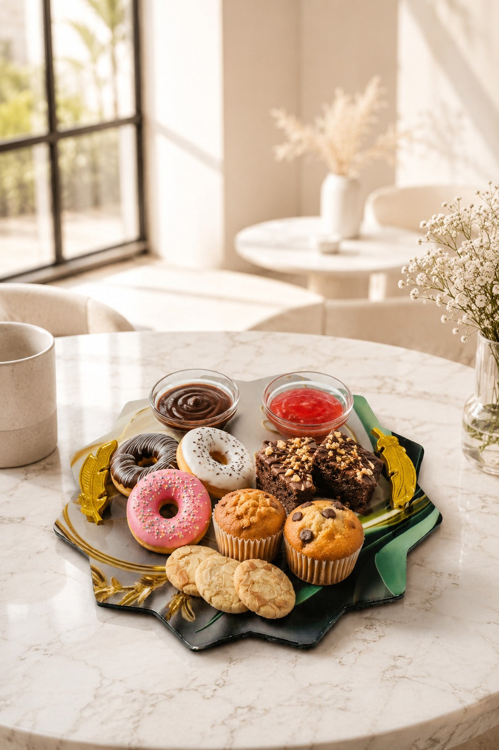 Premium Multipurpose Serving Tray with 2 Glass Bowls & Gold Handles | Decorative MDF Snack Serving Platter | Printed Serving Board for Snacks, Dry Fruits, Desserts & Tea Time