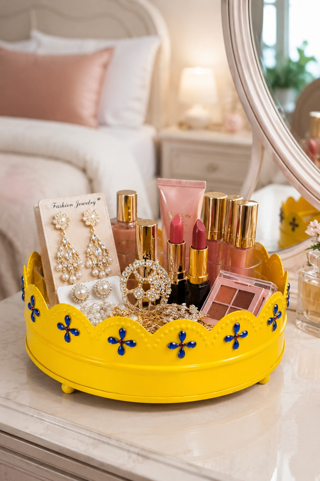 Premium Decorative Metal Round Tray (Yellow) | Yellow Multipurpose Gift Hamper Basket | Floral Serving Tray | Fruit, Cosmetics, Organizer & Home Decor Tray | 19 cm