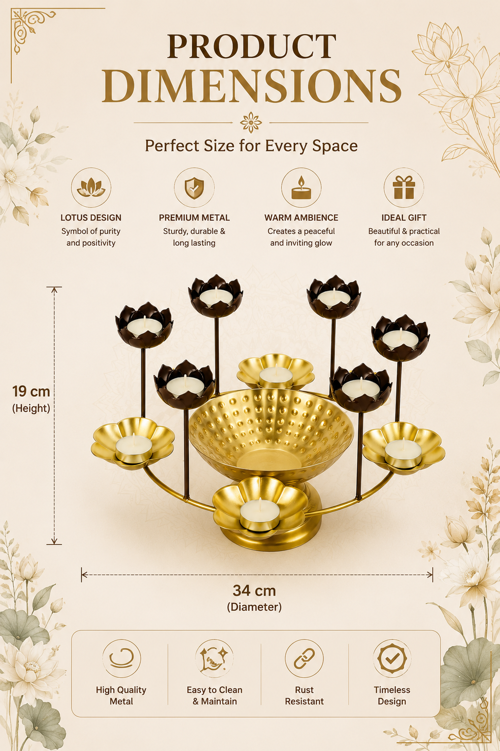 Premium Lotus Urli Bowl with Elevated Tea Light Holders | Decorative Hammered Metal Floating Flower Bowl | Gold Finish Candle Centerpiece for Diwali, Pooja, Weddings, Festivals & Home Décor