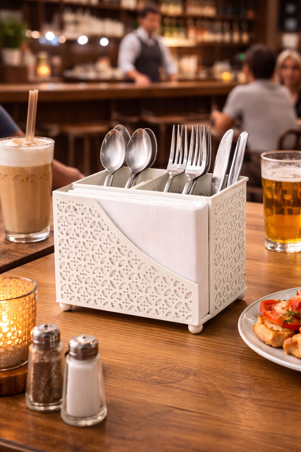 Premium 2-in-1 Cutlery & Napkin Holder | Elegant Cream Metal Organizer with Laser Cut Floral Design | Tabletop Storage for Spoons, Forks, Knives & Tissue | Kitchen & Dining Decor