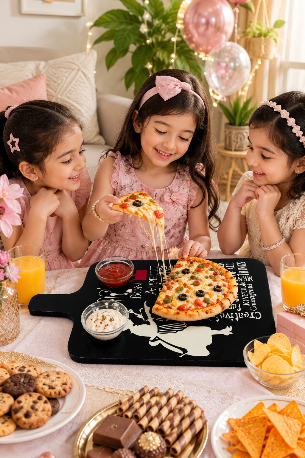 Premium MDF Serving Platter with Handle | Wooden Snack & Pizza Serving Board | Serving Tray with 2 Glass Dip Bowls | Cheese, Burger, Fries & Appetizer Platter | 44 x 25 cm