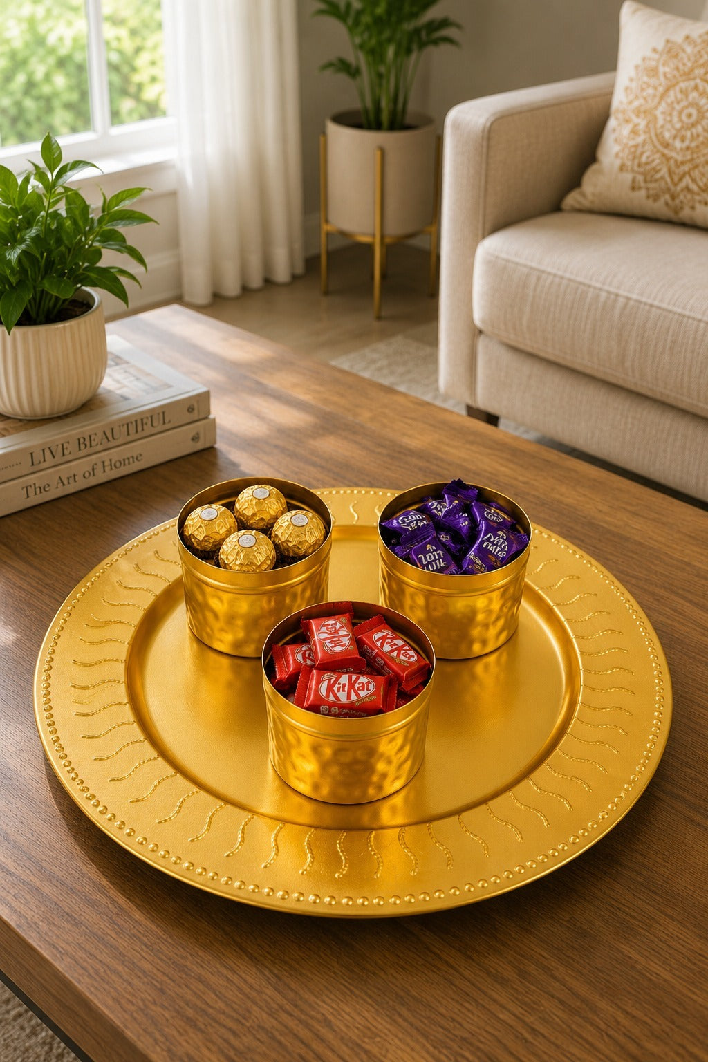 Premium All Metal Serving Tray Set with 3 Floral Containers | Decorative Dry Fruit, Sweet & Mukhwas Platter | Luxury Gold Pooja, Festive Gift Hamper & Home Décor Serving Set