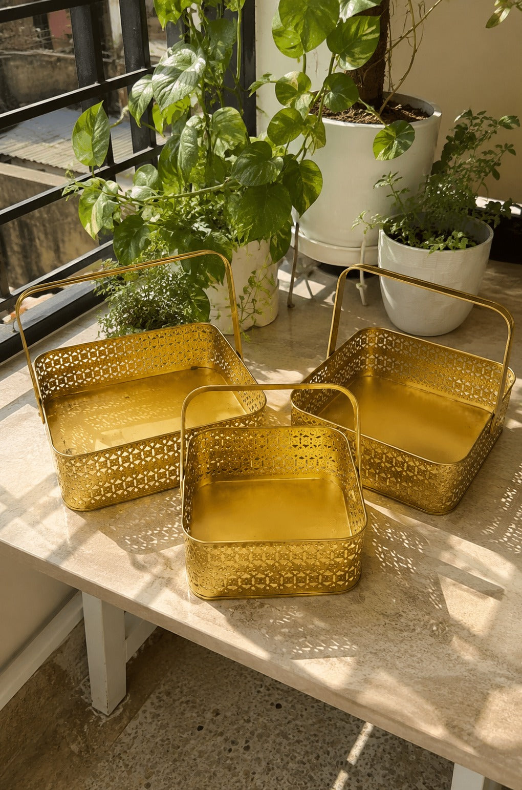 Premium Golden Metal Basket Set of 3 with Handle | Large, Medium & Small Multipurpose Storage Baskets | Gift Hamper, Fruit Basket, Kitchen Organizer, Vanity & Home Decor | Gold Finish