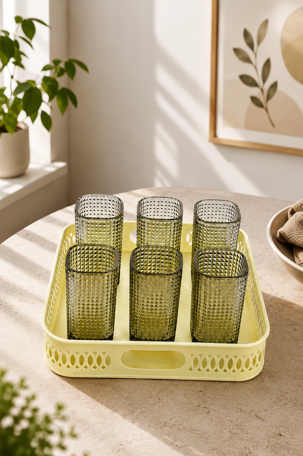 Premium Textured Glass Tumbler Set with Metal Serving Tray | 6 Smoke Grey Drinking Glasses & Decorative Metal Tray for Water, Juice, Cocktails, Mocktails & Everyday Serving
