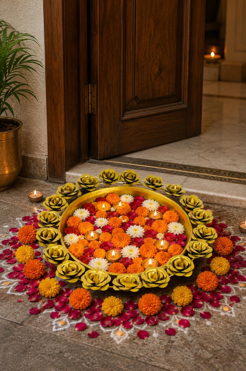 Premium Metal Urli Bowl with Rose Diya Holders | Decorative Floating Flower Urli for Water, Candles & Tea Lights | Traditional Pooja Urli for Diwali, Home Décor, Wedding & Festive Decoration