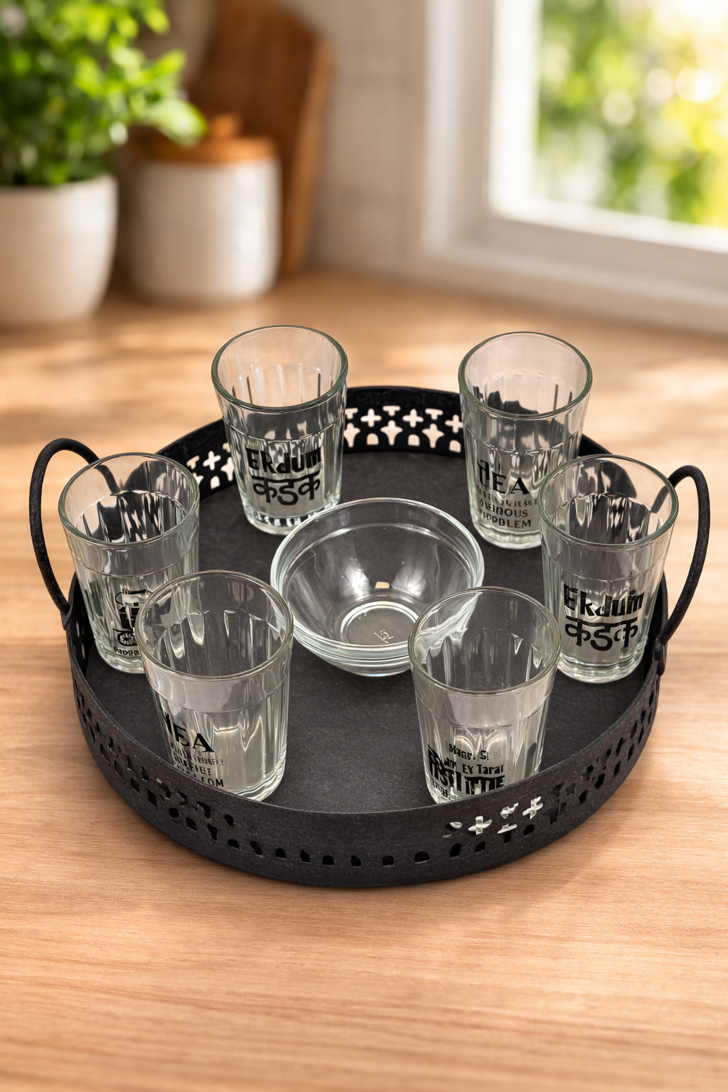 Premium Printed Cutting Chai Glass Set of 6 with Metal Tray & Snack Bowl | Designer Tea Glasses with Iron Serving Stand | Tapri Style Tea Coffee Set for Home, Café & Kitchen Use