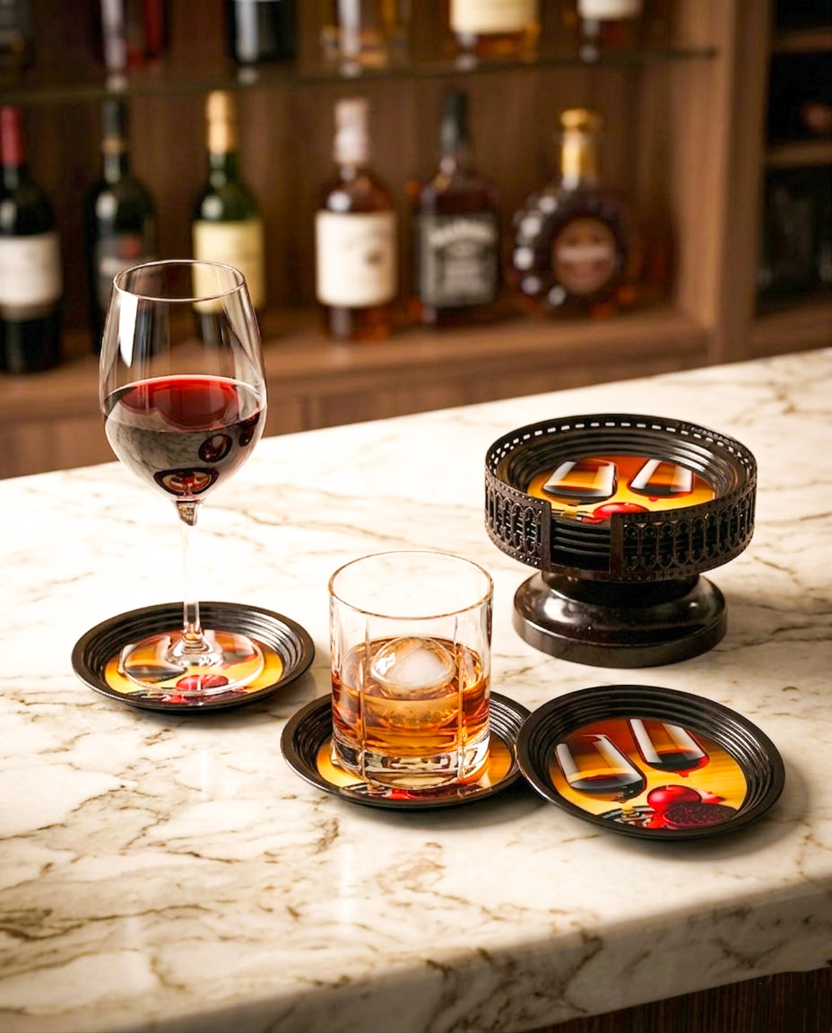 Resin Coated Metal Coaster Set of 6 with Stand | Wine Theme Black Tea Coffee Coasters | Waterproof Heat Resistant Table Coasters