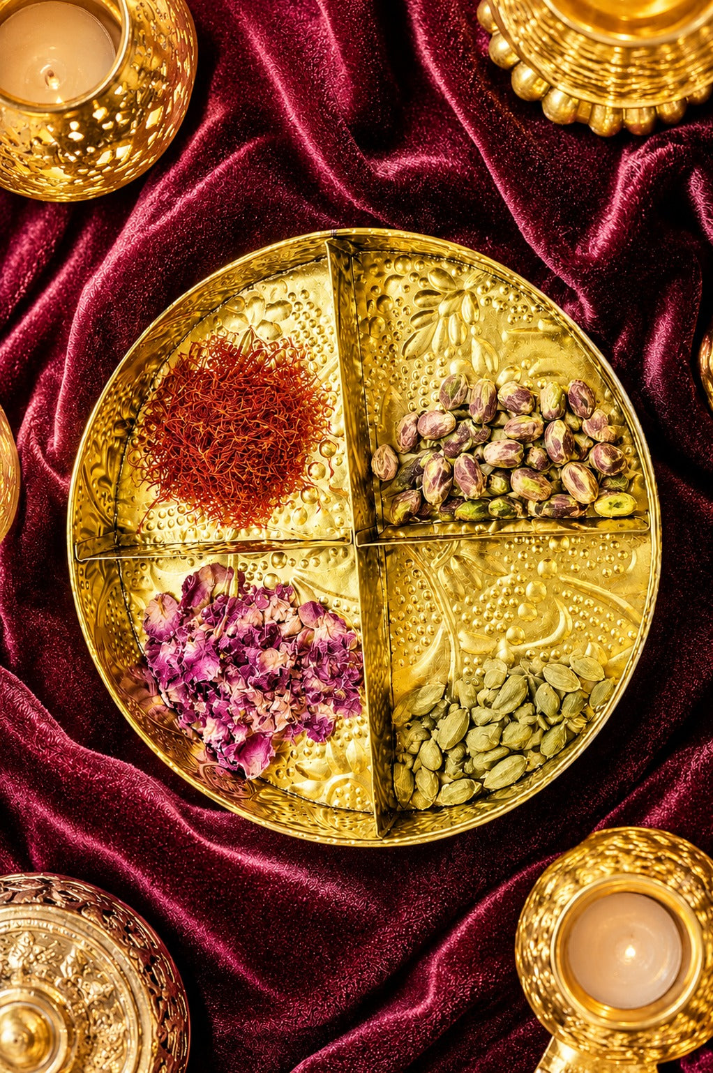 Premium Brass Dry Fruit Serving Tray with 4 Compartments | Round Brass Snack Platter | Dry Fruit, Namkeen, Candy & Mukhwas Organizer | Decorative Serving Tray | Festive Gift