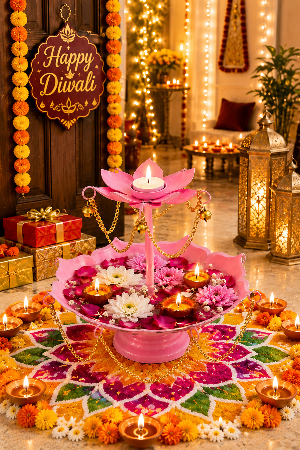 Pink Metal Urli Bowl with Diya Stand & Hanging Chain Design for Floating Flowers & Candles | Decorative Centerpiece for Diwali, Wedding, Home Décor & Festive Gifting