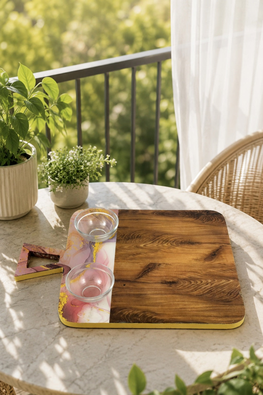 Premium Resin & Wood Serving Board with 2 Glass Bowls | MDF Cheese Board & Charcuterie Serving Platter | Multipurpose Snack, Bread, Fruit & Appetizer Serving Tray