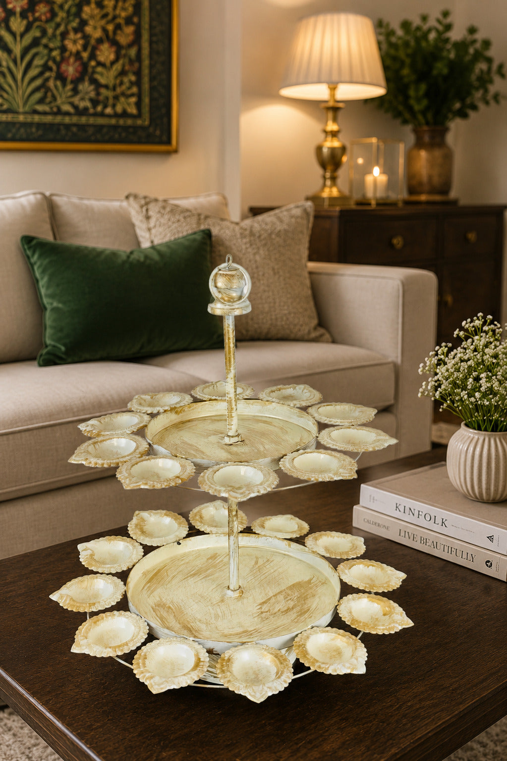 Premium Dual Layer Urli Bowl with 24 Tea Light Holders | Decorative Metal Floating Flower Stand | Antique Gold & Ivory Finish for Diwali, Pooja, Weddings, Festivals & Home Décor