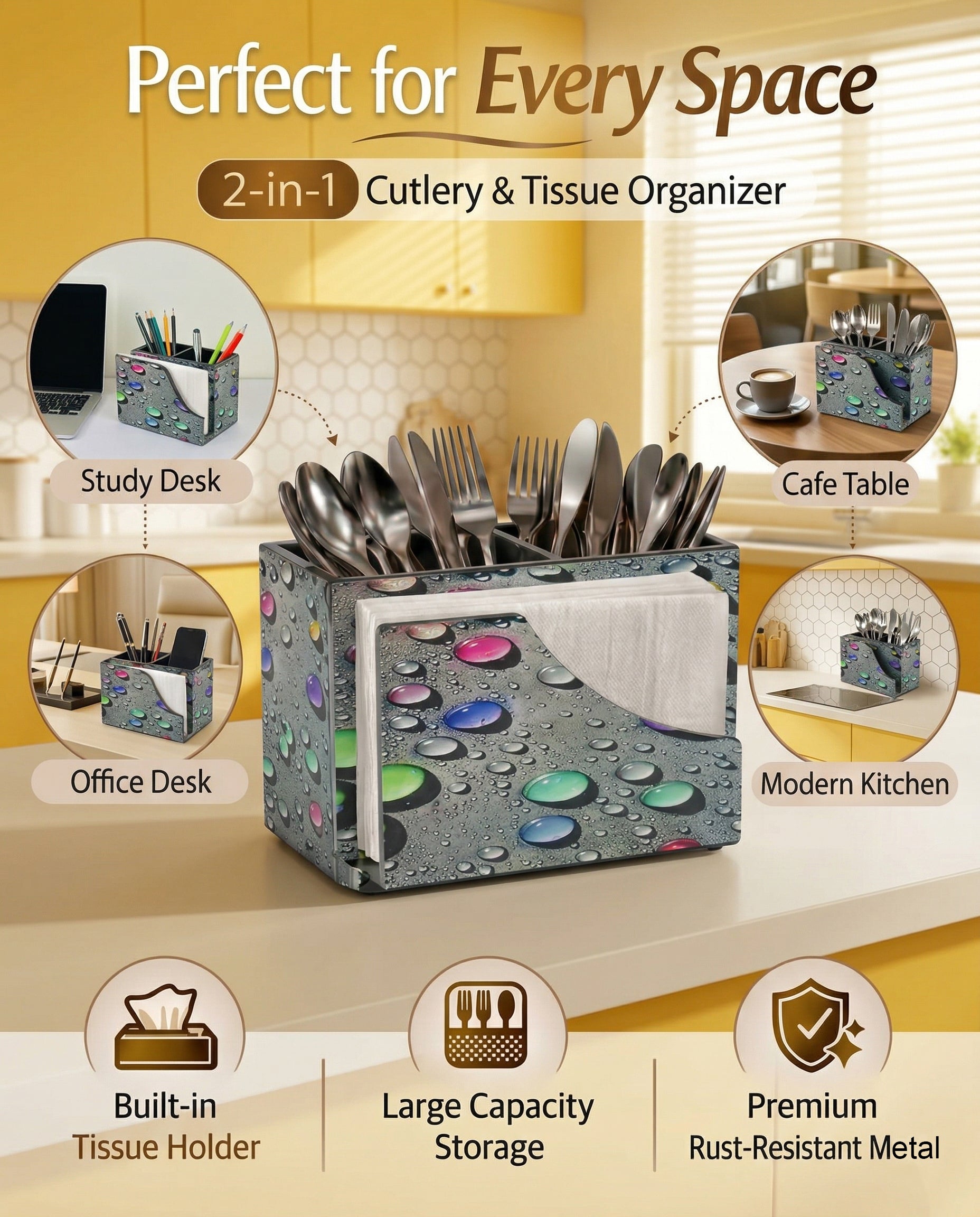 Premium MDF Cutlery & Napkin Holder | Designer Bubble Printed Wooden Organizer with Dual Compartments | Spoon, Fork, Knife & Tissue Stand for Dining Table, Kitchen & Home Décor