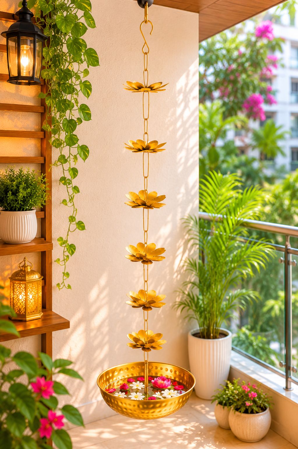 Premium Hanging Lotus Urli Bowl with Decorative Flower Chain | Handcrafted Metal Floating Flower Bowl for Water, Candles & Tea Lights | Hanging Urli for Diwali, Pooja, Wedding & Home Décor