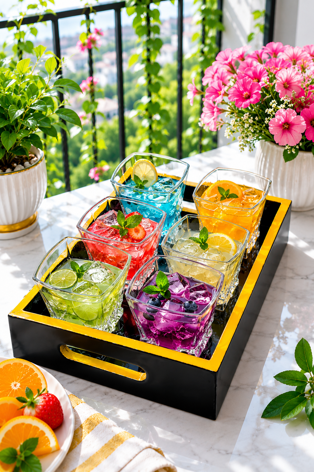 Premium Square Whiskey Glass Set with MDF Serving Tray | 6 Crystal Clear Heavy Base Drinking Glasses for Whisky, Scotch, Cocktails, Juice & Water | Elegant Drinkware Gift Set for Home Bar