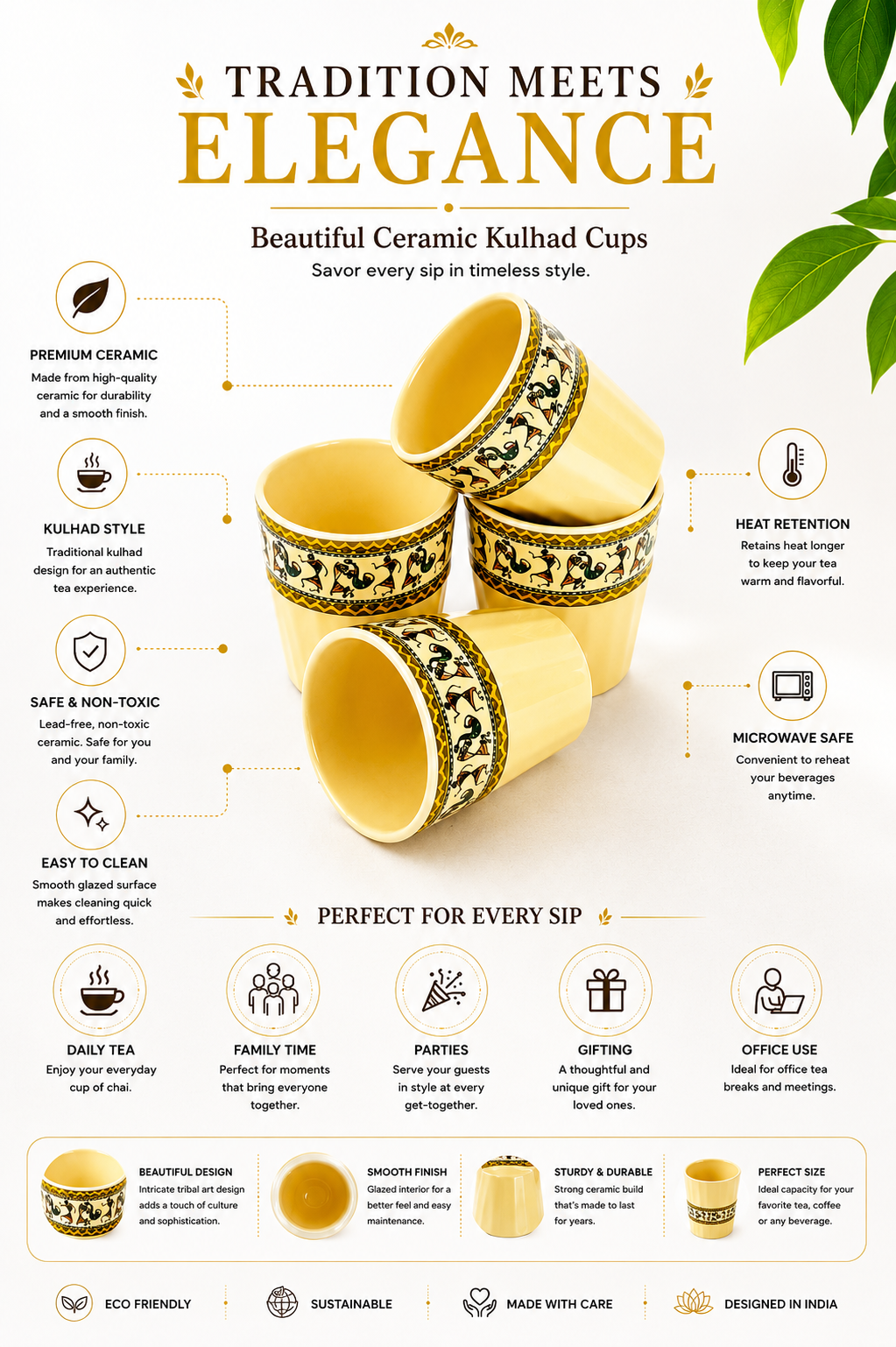 Set of 4 Ceramic Tea Cups with Metal Stand | Traditional Printed Kulhad Style Cups with Portable Holder | Tea Coffee Serving Set for Home Kitchen & Gifting
