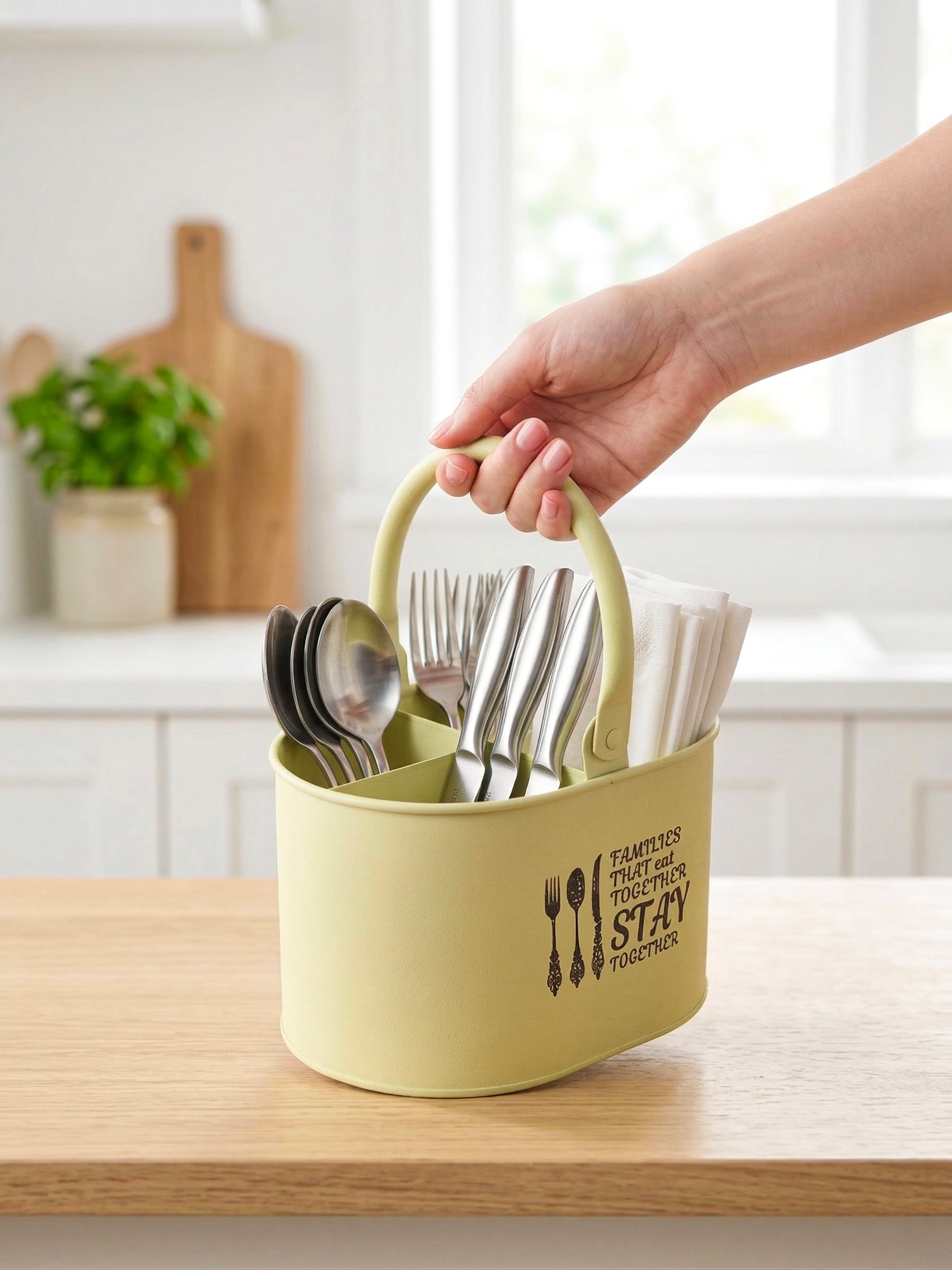 Premium Metal Cutlery Holder with Handle | 4 Compartment Utensil Caddy Basket Organizer | Portable Spoon, Fork, Knife & Napkin Stand for Kitchen, Dining Table & Home Storage