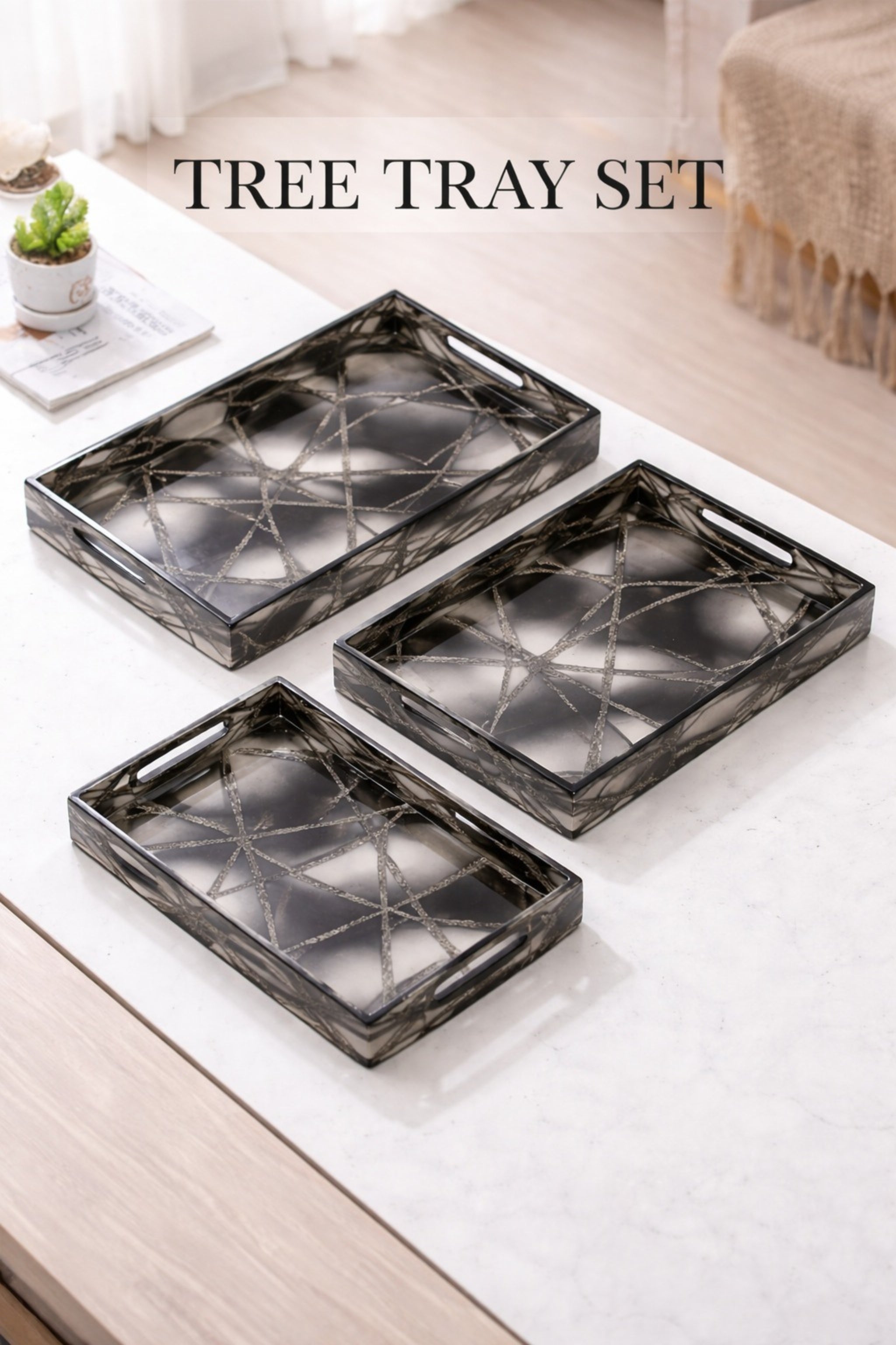 Premium Designer Serving Tray Set of 3 with Cutout Handles | Decorative Wooden Serving Trays for Tea, Coffee, Breakfast, Snacks & Home Décor | Multipurpose Nesting Tray Set for Kitchen, Dining & Coffee Table