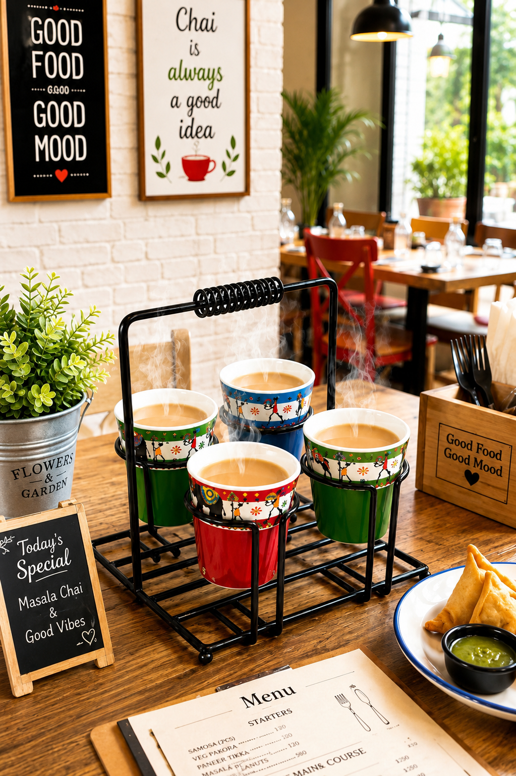 Printed Tea Glass Set Of 4 With Metal Stand | Designer Cutting Chai Cups With Iron Holder | Multicolor Ceramic Tea Cup Set For Home Kitchen & Gifting