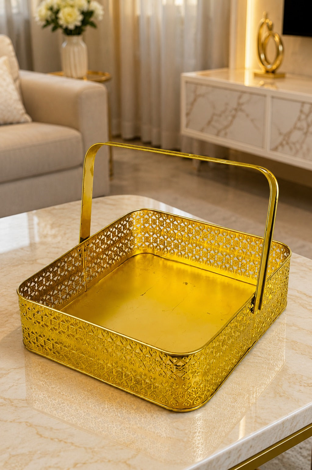 Premium Golden Metal Gift Basket with Handle | Medium Decorative Storage Basket | Multipurpose Fruit Basket, Dry Fruit Hamper, Pooja Basket & Home Organizer | 26 x 26 x 9 cm