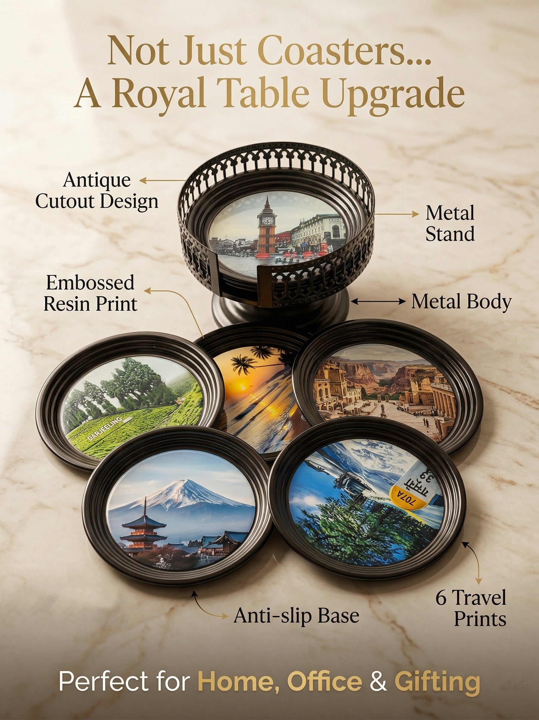 Resin Coated Metal Coaster Set of 6 with Stand | Travel Theme Black Tea Coffee Coasters | Waterproof Heat Resistant Table Coasters