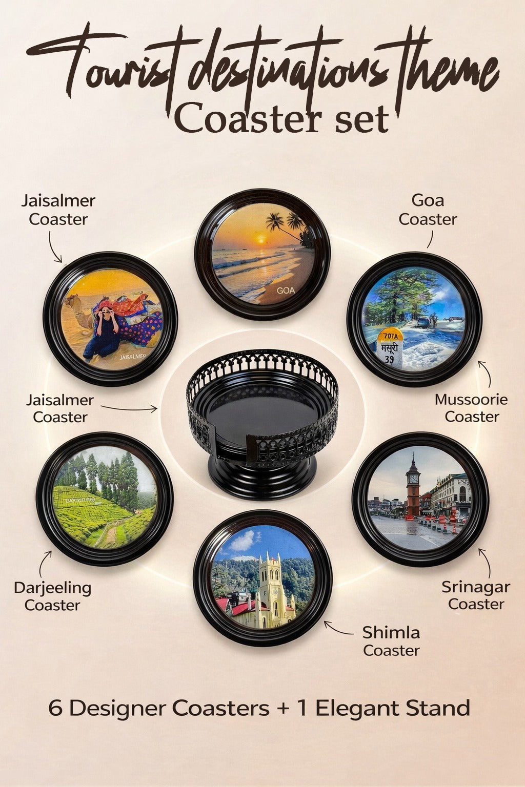 Resin Coated Metal Coaster Set of 6 with Stand | Travel Theme Black Tea Coffee Coasters | Waterproof Heat Resistant Table Coasters