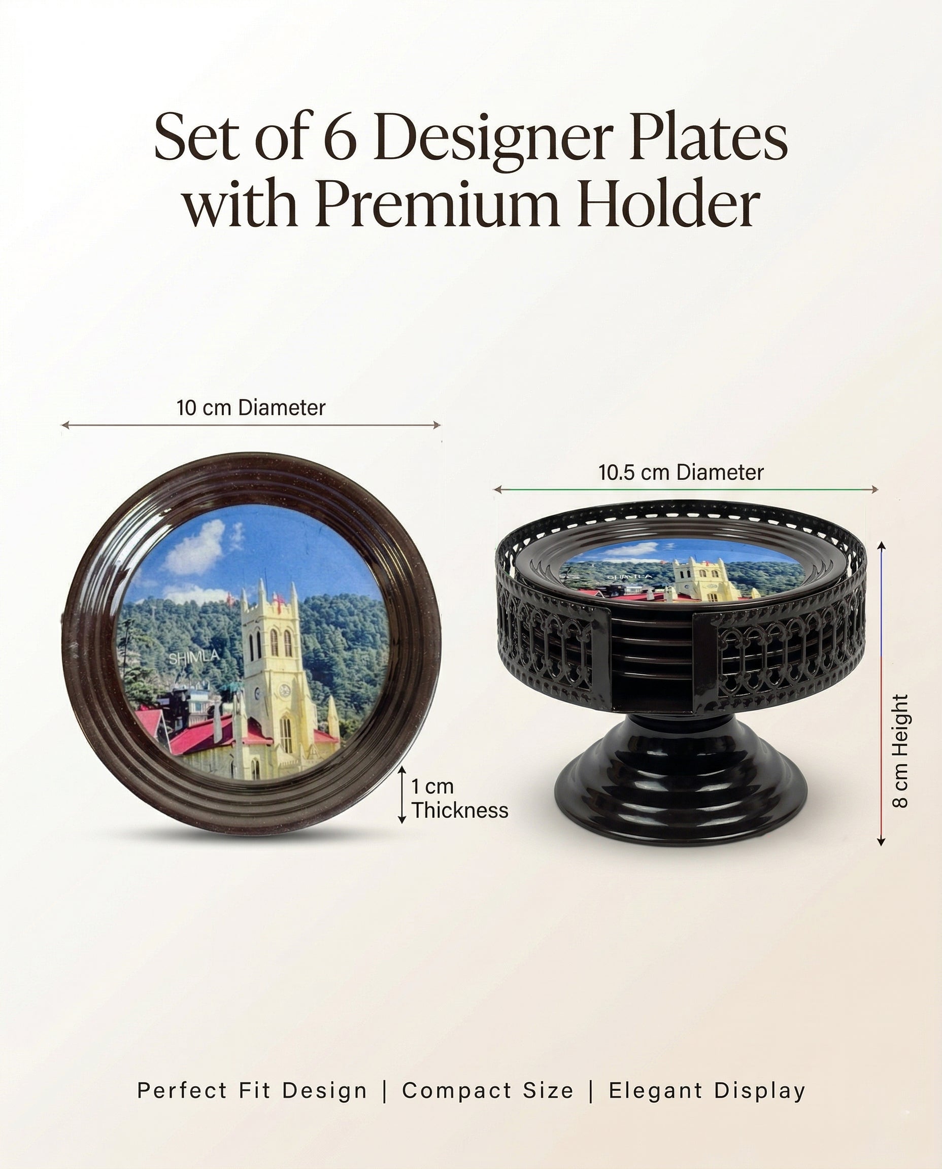 Resin Coated Metal Coaster Set of 6 with Stand | Travel Theme Black Tea Coffee Coasters | Waterproof Heat Resistant Table Coasters