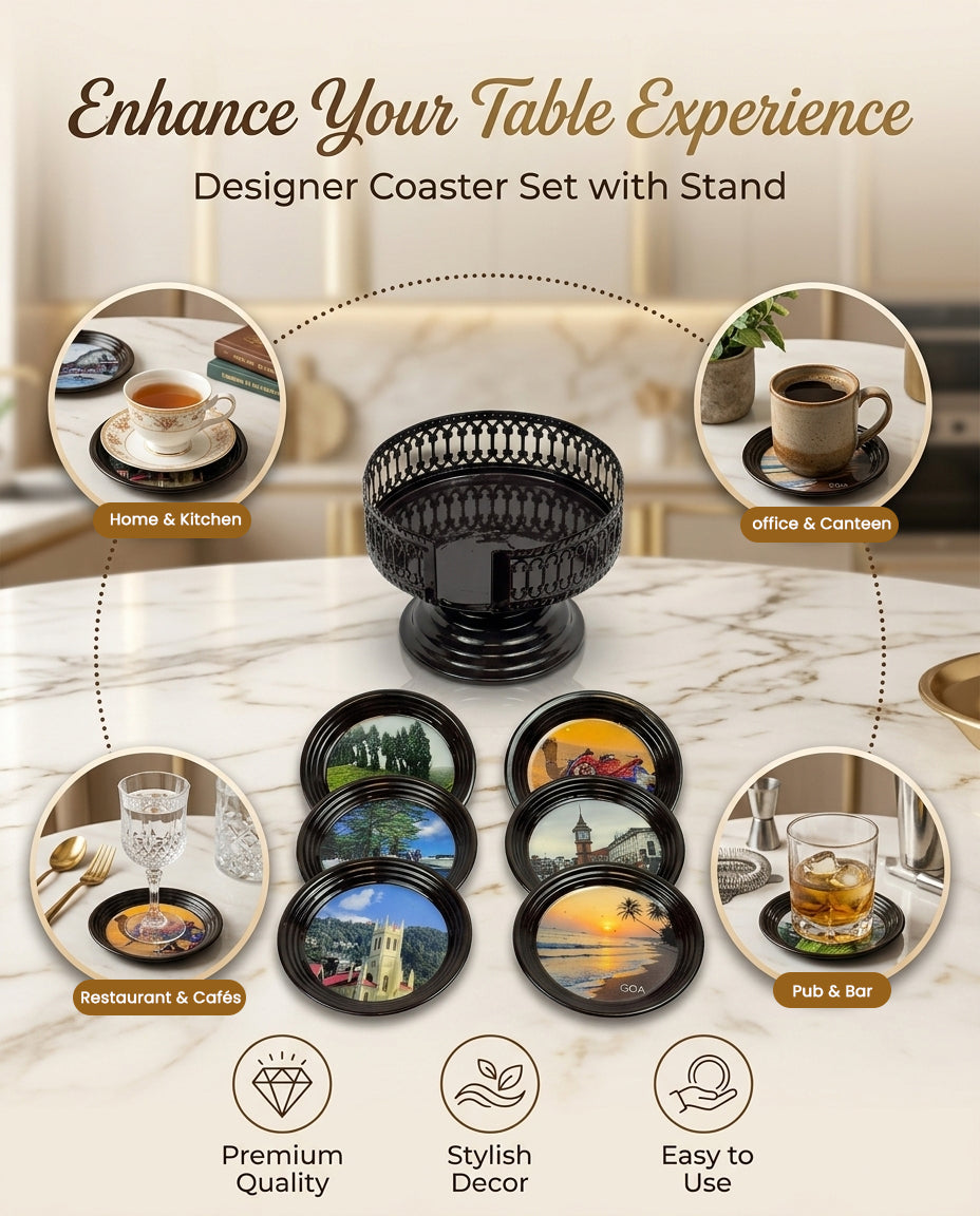 Resin Coated Metal Coaster Set of 6 with Stand | Travel Theme Black Tea Coffee Coasters | Waterproof Heat Resistant Table Coasters